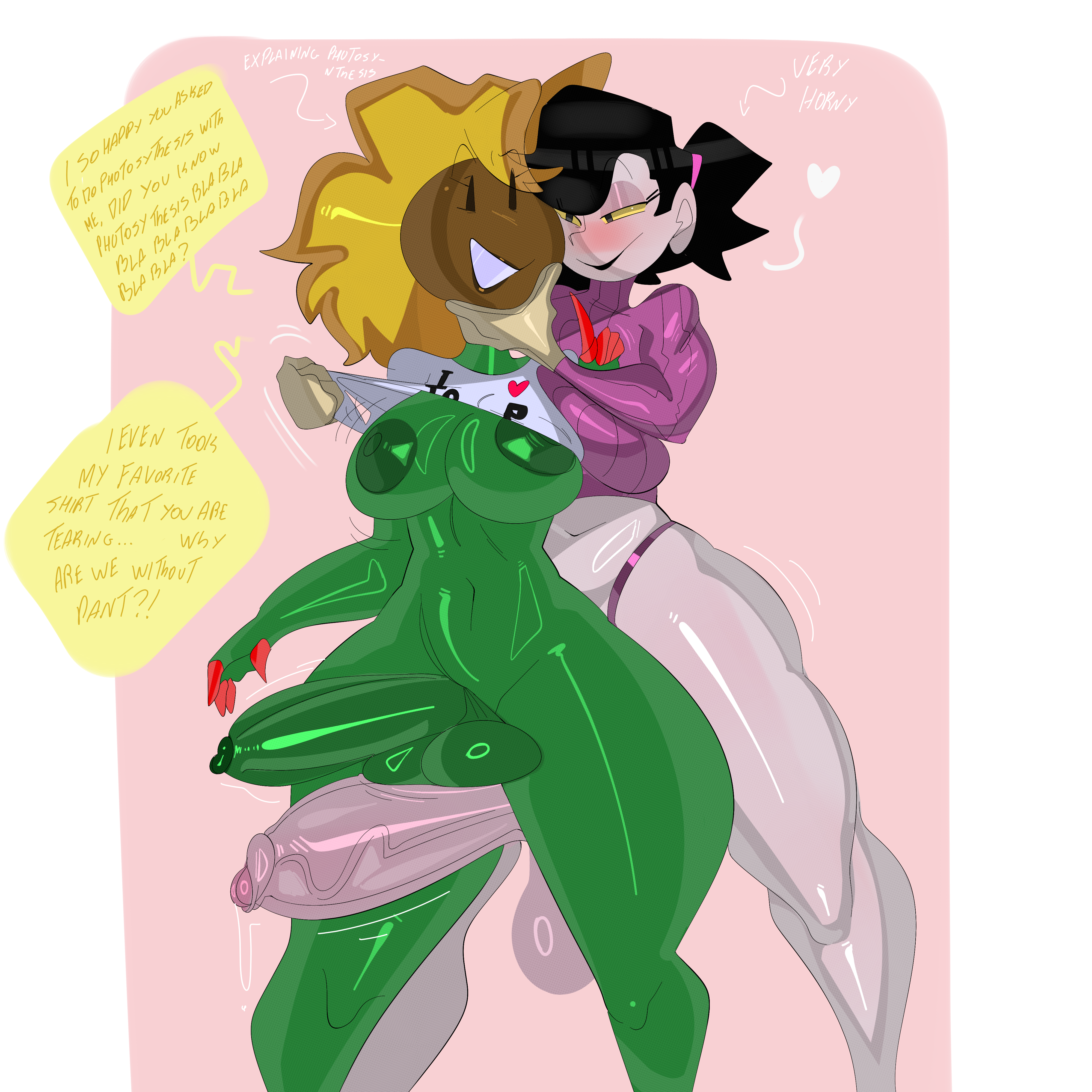 2futas, balls, big balls, big breasts, black hair, black lipstick, bottomless, bottomless futa, breasts, clothed, clothed futa, clothed sex, clothing, dialogue, english text, female, flower, futa on futa, futa only, futanari, grabbing, grabbing from behind, green body, green skin, hatgirl (toonguy100), huge balls, huge breasts, huge cock, huge testicles, humanoid, hung bottom, imminent penetration, imminent sex, intersex, lipstick, monster girl, nipples, open mouth, original, original character, partially clothed, penis, speech bubble, sunflower, sunny (toonguy100), tayuri, testicles, text, vein, veins, veiny, veiny penis, yellow sclera