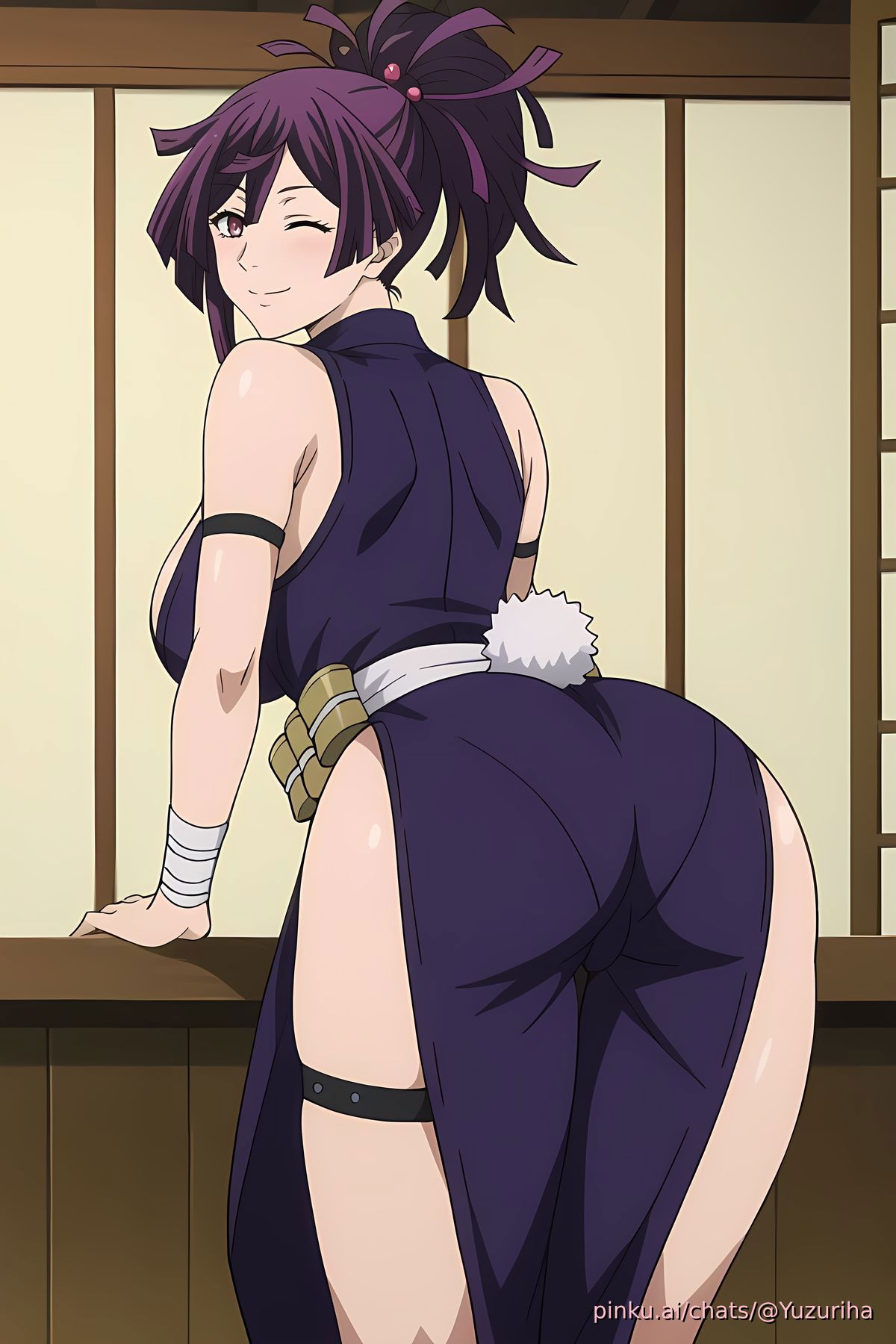 ai generated, ass, ass focus, boobs, breasts, female, jigokuraku, looking at viewer, looking back, purple eyes, purple hair, wink, winking at viewer, yuzuriha (jigokuraku)