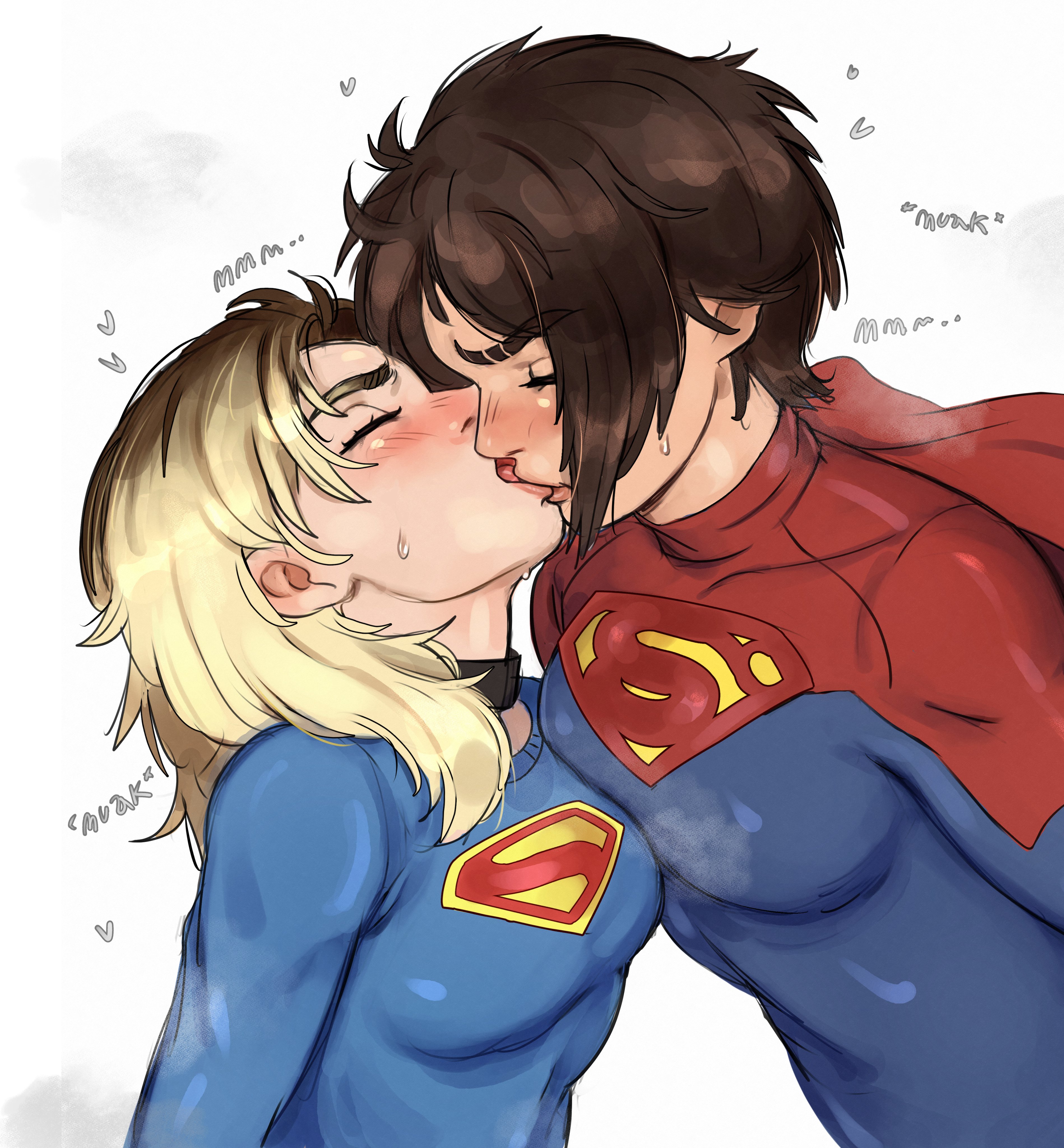 2girls, blonde hair, blue bodysuit, blush, breasts, brown hair, cape, dc, dc comics, dc extended universe, dcu, dual persona, eyebrows visible through hair, eyelashes, female, female kryptonian, female only, hi res, highres, kara zor-el, kirtome, kissing, kryptonian, medium hair, milly alcock, multicolored bodysuit, multiple females, multiple girls, red bodysuit, red cape, selfcest, short hair, supergirl, supergirl (dcu), supergirl (sasha calle), superman (2025), superman (series), the flash (2023), the flash (series), yuri