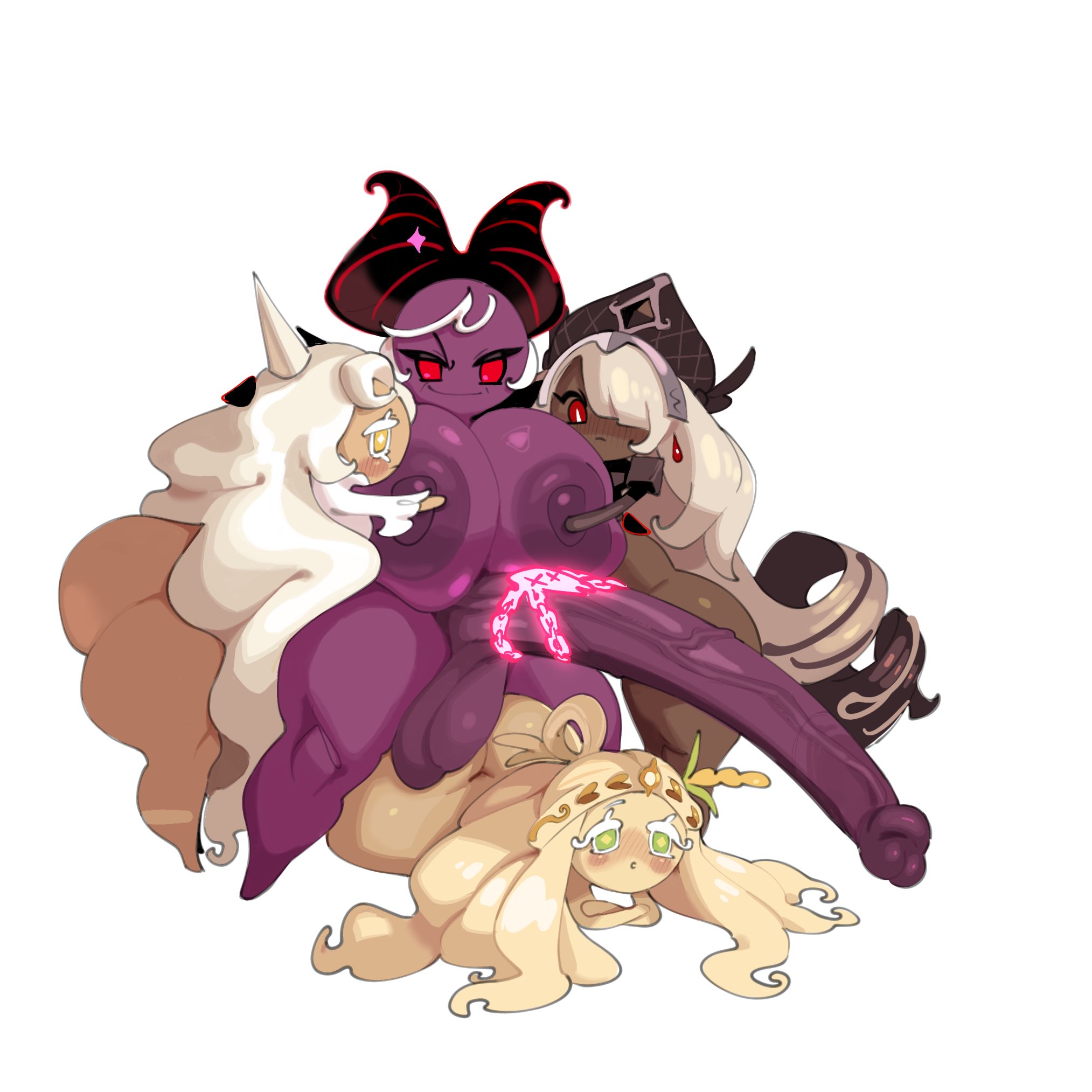1futa, 3girls, balls, big breasts, blush, breasts, chained, chains, cookie run, cookie run kingdom, cookie run ovenbreak, cookie run witch's castle, dark enchantress cookie, female, first choco cookie, first cream cookie, first grain cookie, foursome, futa on female, futanari, harem, huge breasts, huge cock, imminent sex, intersex, long penis, penis, sassy dolly, side hug, sideboob, thick thighs, tinysolar, wide hips