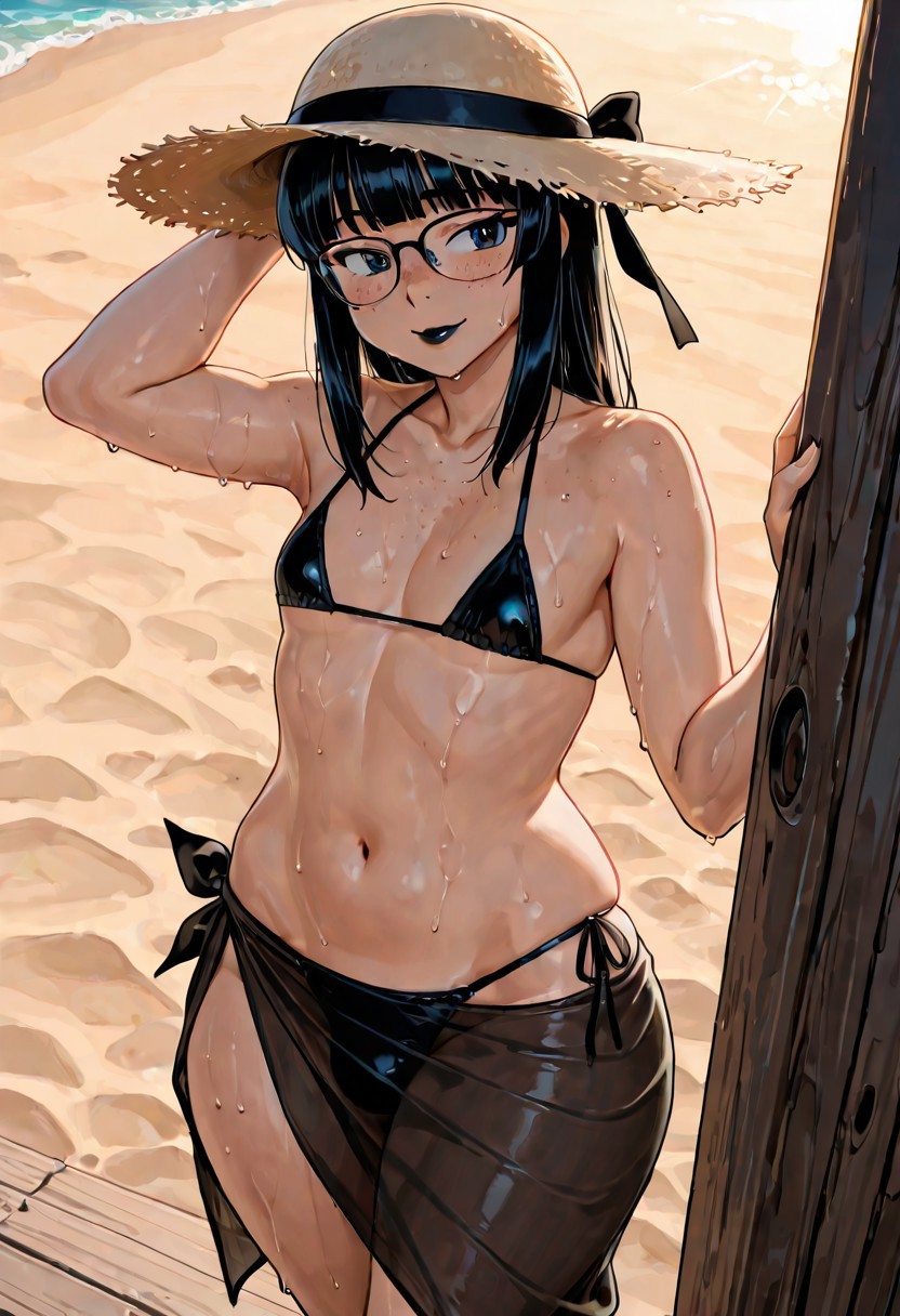 1boy, ai generated, androgynous, beach, big butt, black hair, black-framed glasses, crossdressing, femboy, freckles, glasses, hime cut, male, micro bikini, sarong, smile, smiling, standing, sun hat, thick thighs, wide hips