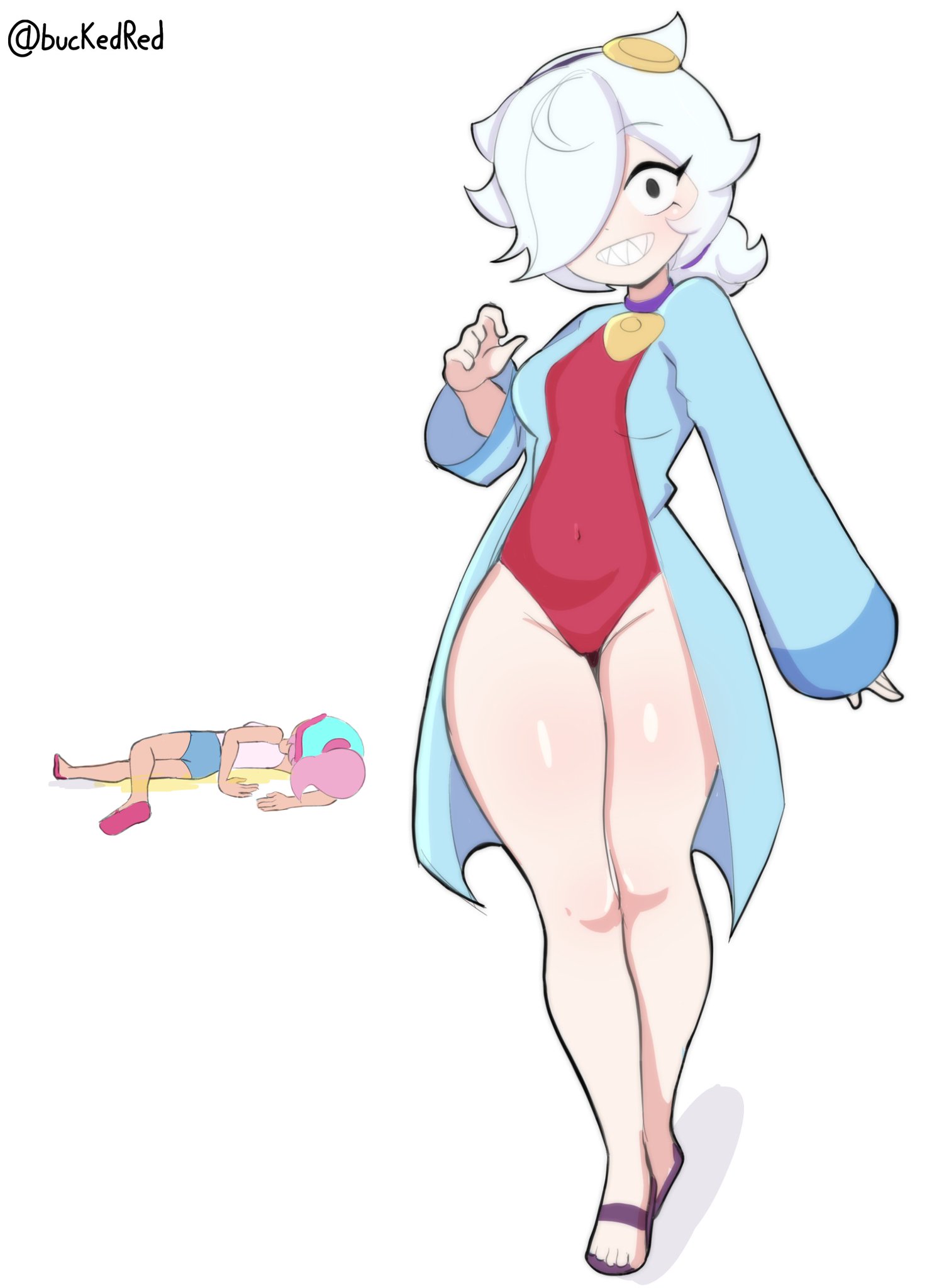 brawl stars, bucketred, colette (brawl stars), janet (brawl stars), looking at viewer, sfw, swimsuit colette (brawl stars), thick thighs, white hair