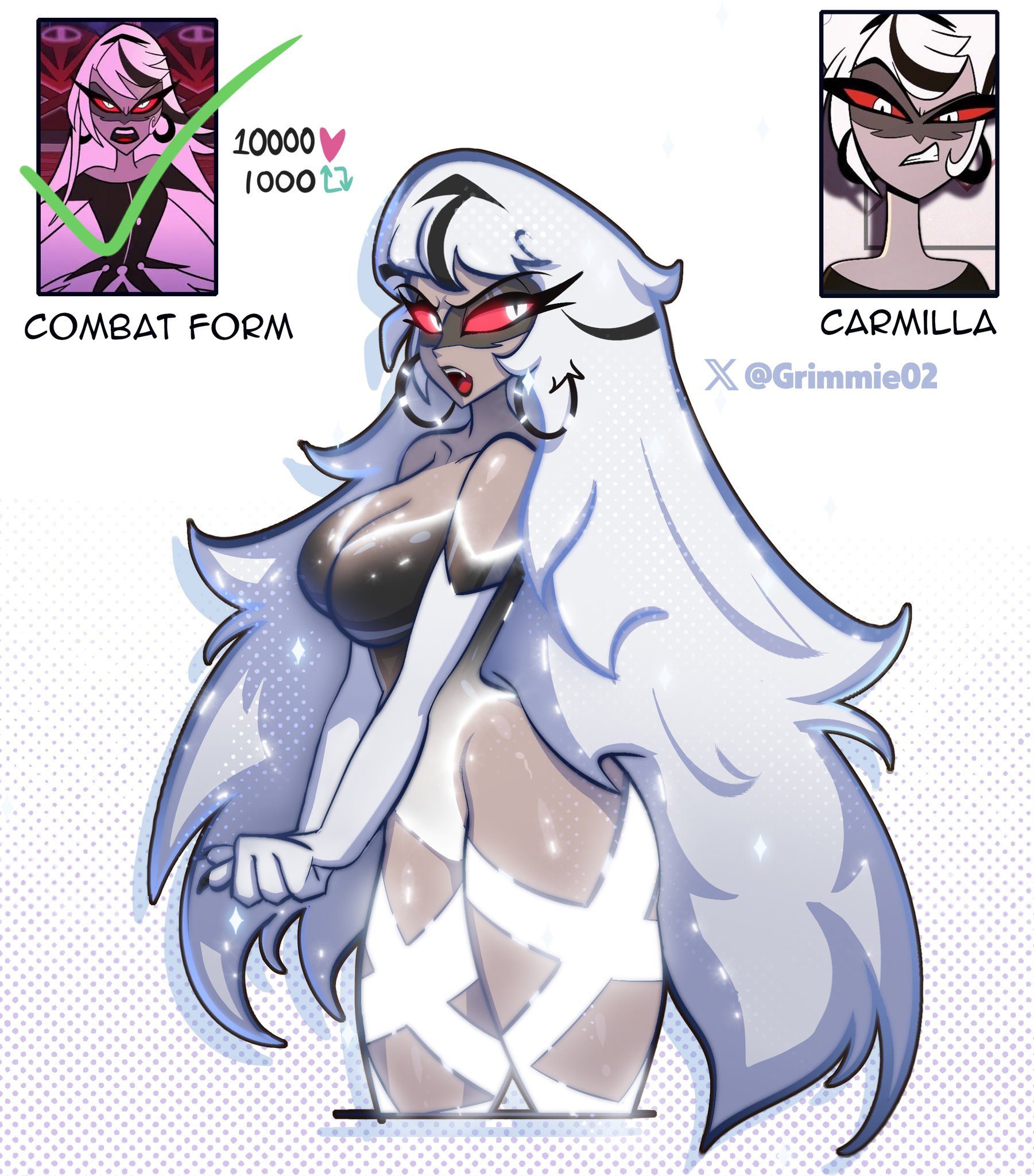 1girls, bare arms, bare legs, bare shoulders, bare thighs, big breasts, breasts, carmilla carmine, clothed, clothing, color, demon, demon girl, female, female focus, female only, grimmie02, hazbin hotel, hi res, jewelry, large breasts, long hair, looking at viewer, red eyes, solo, solo female, tagme, thick thighs, very long hair, vivienne medrano, white hair