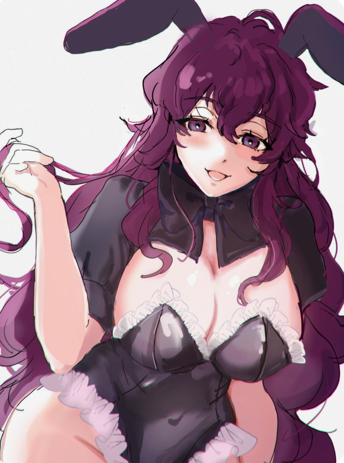 alexis ness, big breasts, blue lock, boobs bigger than head, breasts, bunny, bunny ears, bunny girl, curves, cute, cute face, female, female only, feminization, femlock, hand in hair, happy, hips, long hair, massive breasts, pussy peek, red eyes, red hair, rule 63, solo female, twirling hair
