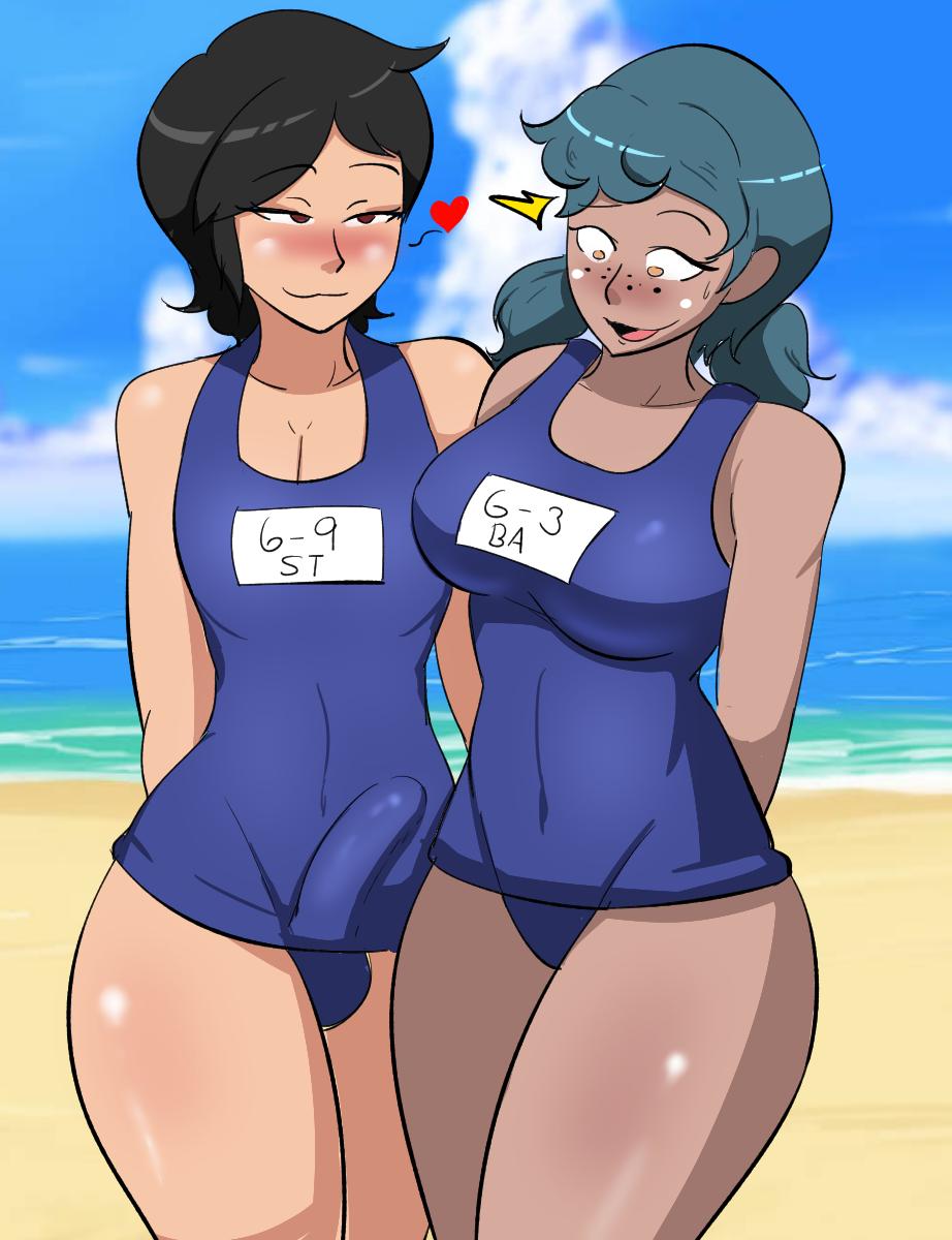 1boy, 1girls, beach, black hair, bodyattk, clothing, dark skin, dark-skinned female, erection, female, femboy, femboy on female, girly, green hair, hair, heart, hetero, interracial, light skin, male, male/female, original character, school swimsuit, straight, swimsuit
