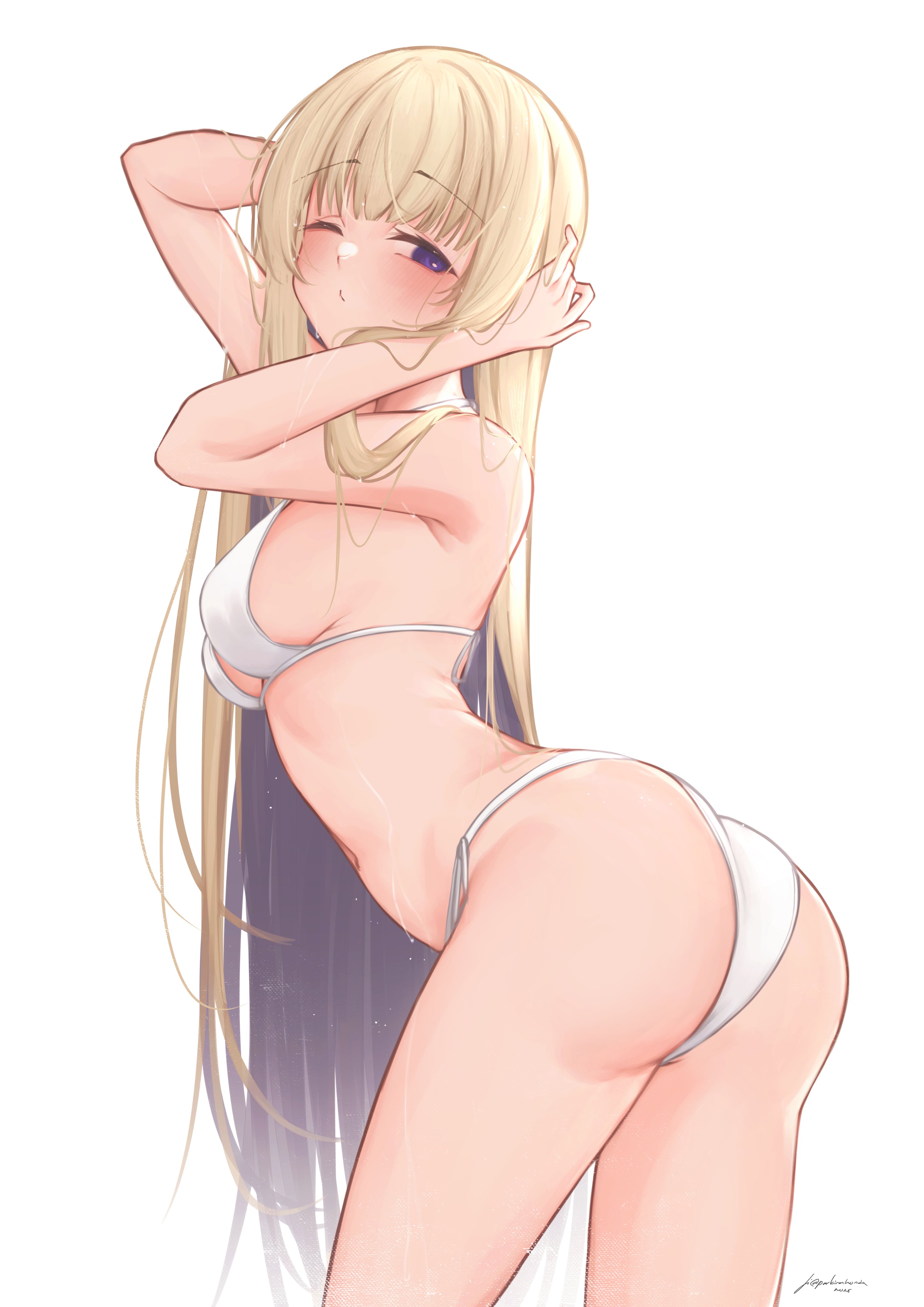 absurdres, amanogawa shiina, ass, bikini, blonde hair, breasts, female, from behind, highres, long hair, navel, one eye closed, parkiranhonda, phase alias, phase connect, purple eyes, signature, simple background, solo, swimsuit, virtual youtuber, vtuber, white background, white bikini