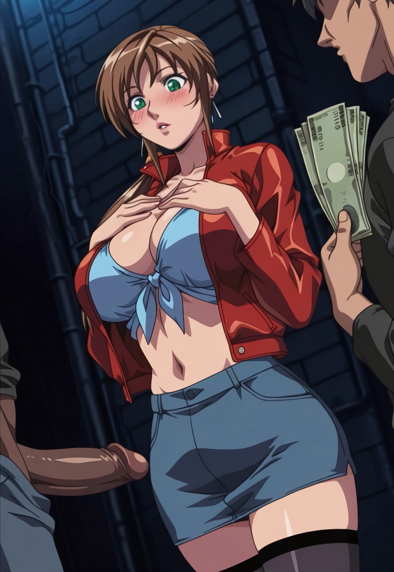 1girls, 2boys, against wall, aged up, ai generated, alley, before sex, bible black, bible black new testament, big penis, brown hair, busty, cash, city, crop top, curvaceous, curvy, curvy female, curvy figure, dark skin, dark-skinned male, denim, denim skirt, dollar bills, earrings, embarrassed, erect penis, erection, faceless male, female, female focus, green eyes, hands on chest, harassment, high resolution, holding object, imari kurumi, imminent sex, imminent threesome, implied prostitution, inviting, inviting to sex, jacket, jeans, jewelry, leather jacket, light skin, light-skinned female, light-skinned male, lipstick, long hair, looking at another, looking at partner, looking at penis, male, mature, mature female, midriff, miniskirt, mistaken identity, misunderstanding, money, multiple boys, multiple males, night, no bra, offering, offering money, offering sex, outdoors, penis, penis awe, ponytail, presenting, presenting penis, prostitute, prostitution, revealing clothes, sexual harassment, shin bible black, shirt, shy, side ponytail, skimpy, skimpy clothes, skirt, standing, stockings, surprised, surrounded, surrounded by men, tied shirt, tricked, tricked into sex, uncensored, wide hips