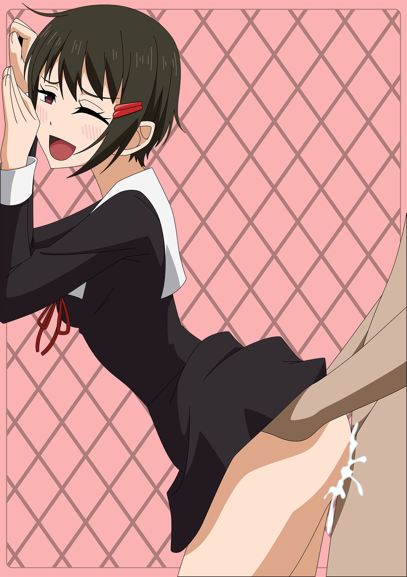 1boy, 1girls, atelier gons, blush, dark-skinned male, doggy style, female, human, kaguya-sama wa kokurasetai ~tensai-tachi no renai zunousen~, kashiwagi nagisa, male, school, school uniform, sex, short hair