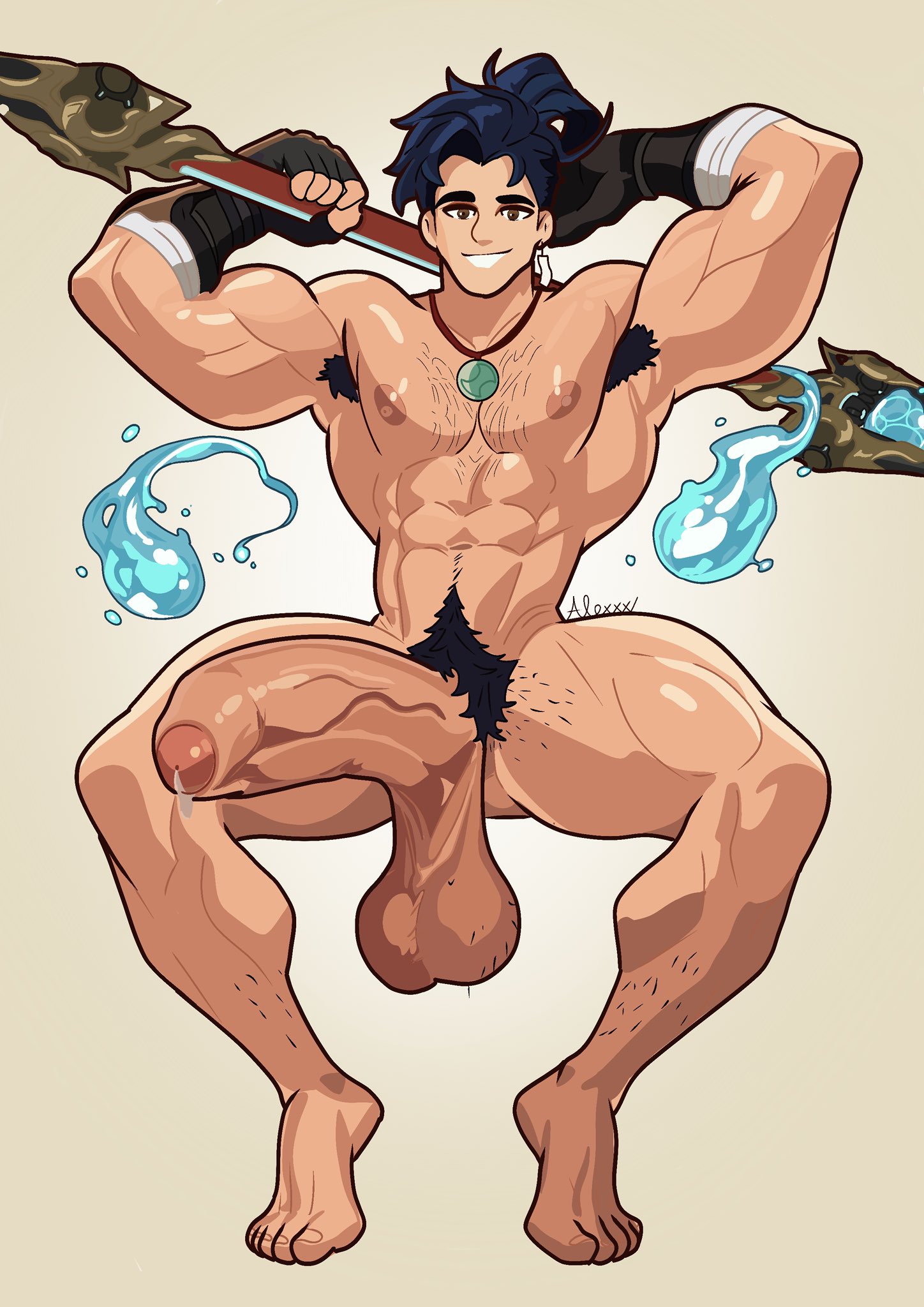 abs, alexxxartx, armpit hair, balls, big balls, big penis, black hair, leaking, leaking precum, male, male only, muscular, muscular male, overwatch, overwatch 2, penis, precum, pubic hair, staff, water, wuyang