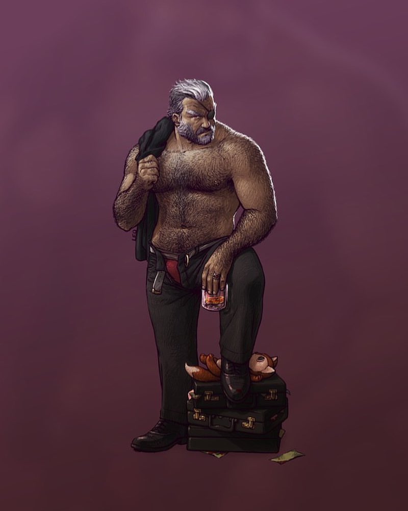 1boy alcohol beard eyepatch hairy hairy_chest male male_only mustache older_male solo star_wolf