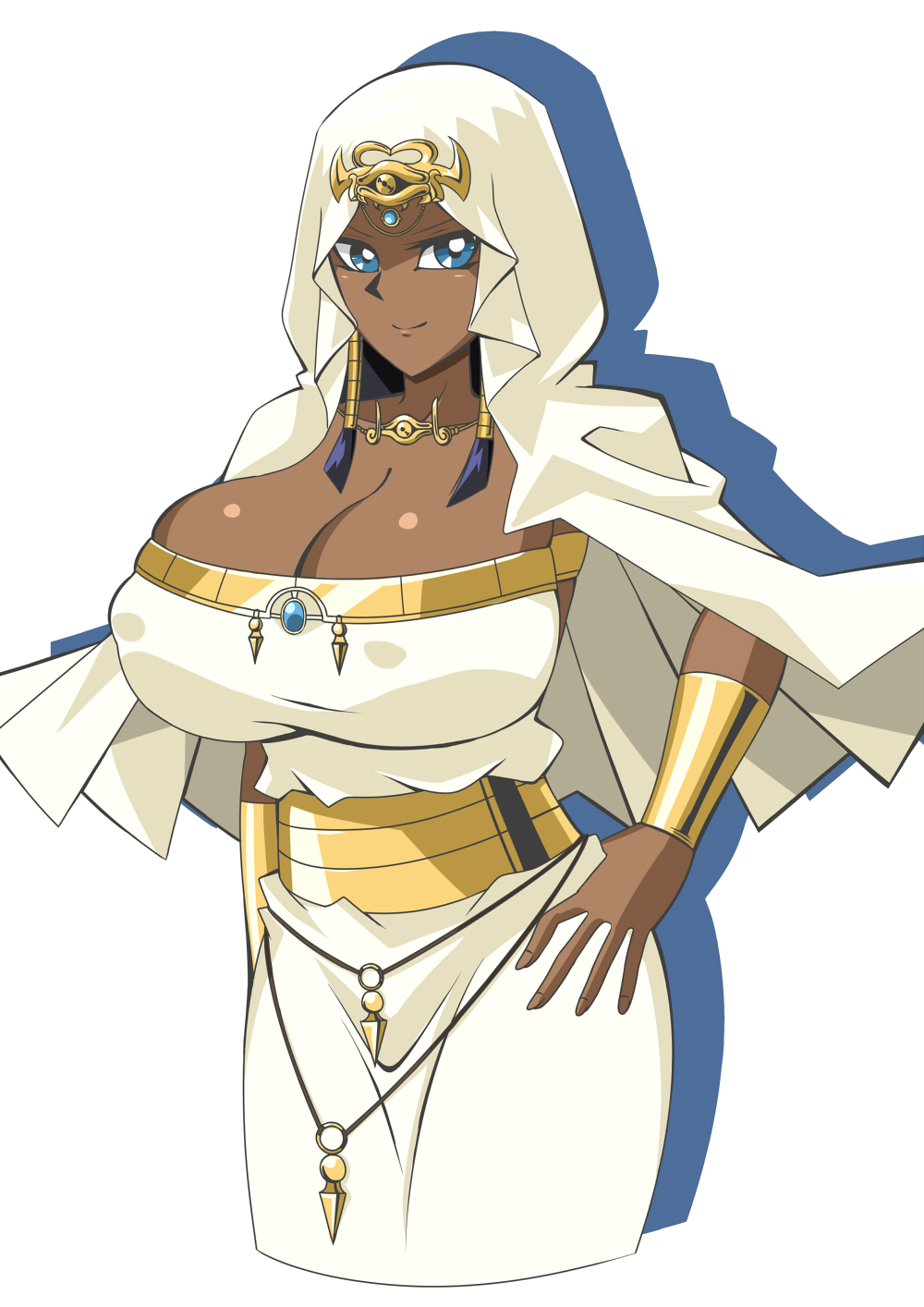 1girls, big breasts, black hair, blue eyes, breasts, busty, cleavage, clothed, curvy, dark skin, dark-skinned female, egyptian, egyptian clothes, female, gigantic breasts, hand on hip, huge breasts, ishizu ishtar, long hair, looking at viewer, posing, shiny breasts, shiny skin, smile, solo, solo female, voluptuous, white background, yu-gi-oh!, yu-gi-oh! duel monsters