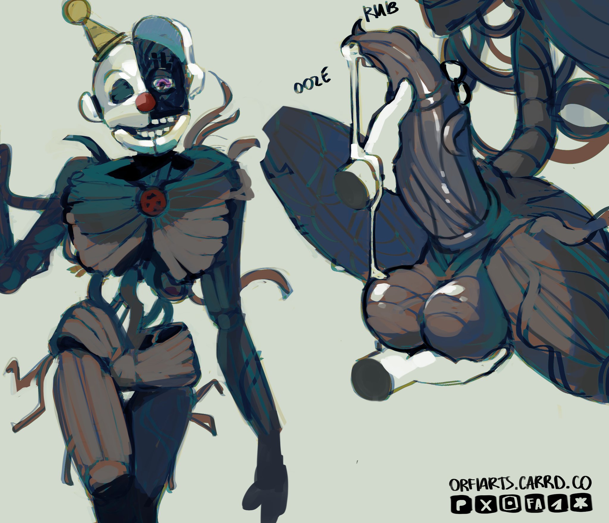 1boy, big penis, disembodied hands, ennard (fnafsl), five nights at freddy's, large penis, male, orfiarts, penis, precum, precum bubble, precum drip, precum on penis, precum string, robot, robot penis, rubbing penis, sister location, stroking cock, stroking penis, unusual anatomy, unusual genitalia, unusual penis, weird penis