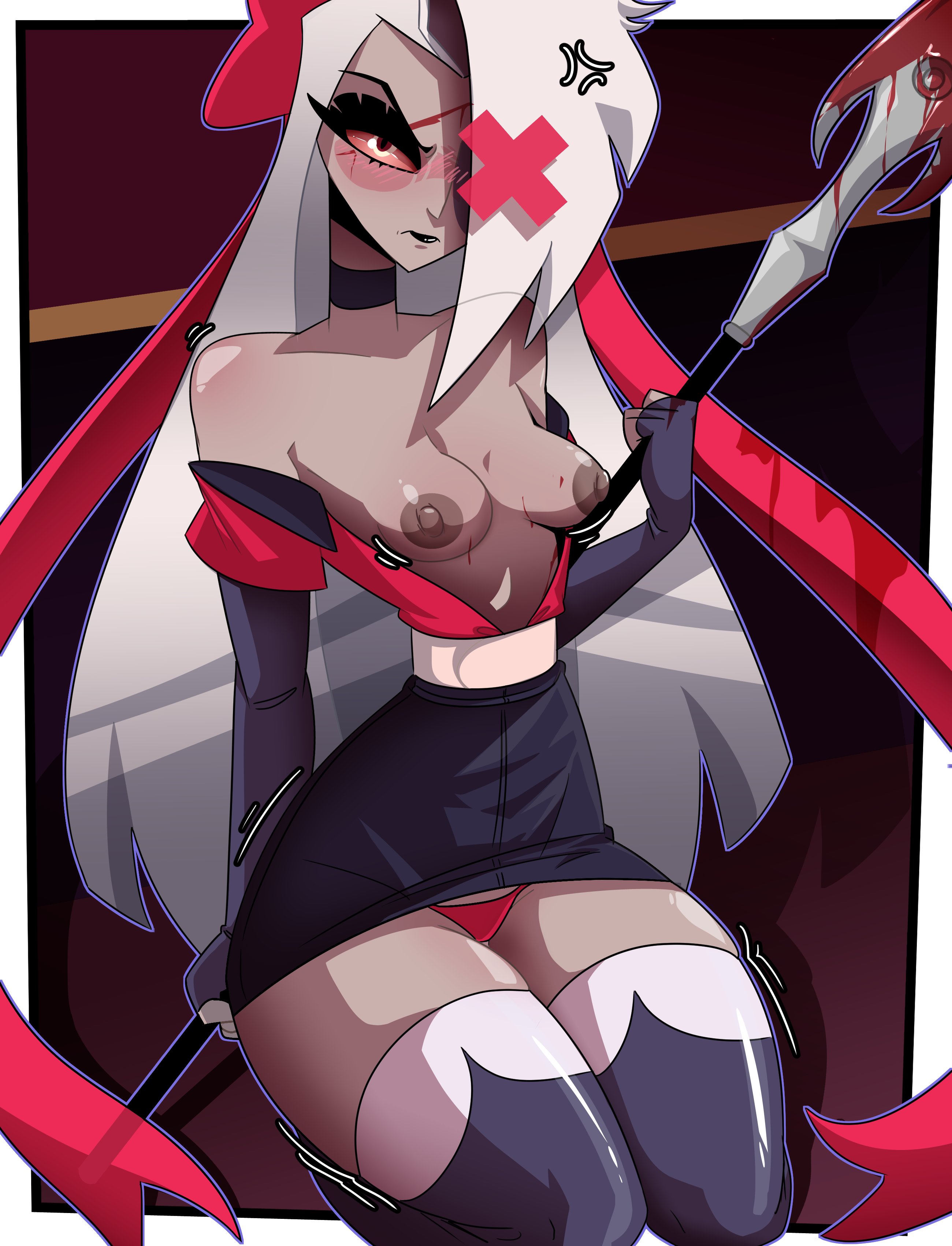 1girls, angel, bare breasts, blood, blush, breasts, clothed, clothing, color, dami ribbon, female, female focus, female only, grey hair, hazbin hotel, hi res, light skin, light-skinned female, nipples, partially clothed, ribbonart54, solo, solo female, spear, tagme, thick thighs, vaggie (hazbin hotel), white hair, wings