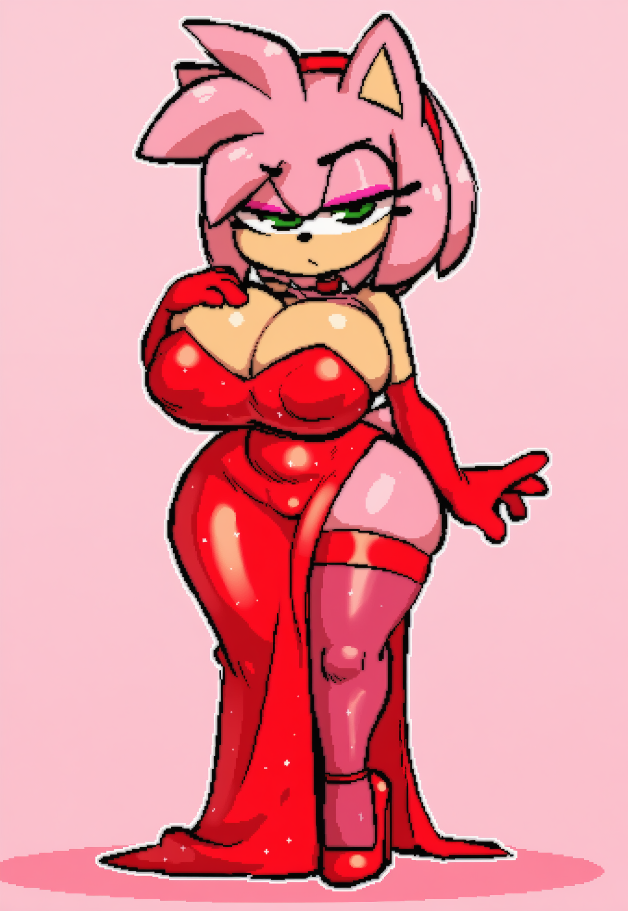 ai generated, amy rose, breasts, bursting breasts, female, green eyes, half-closed eyes, high heels, huge breasts, kimmythefem, night dress, no bra, pink hair, pink skin, red clothing, seductive look, skindentation, slim waist, sonic (series), thick thighs, tight clothing, wide hips