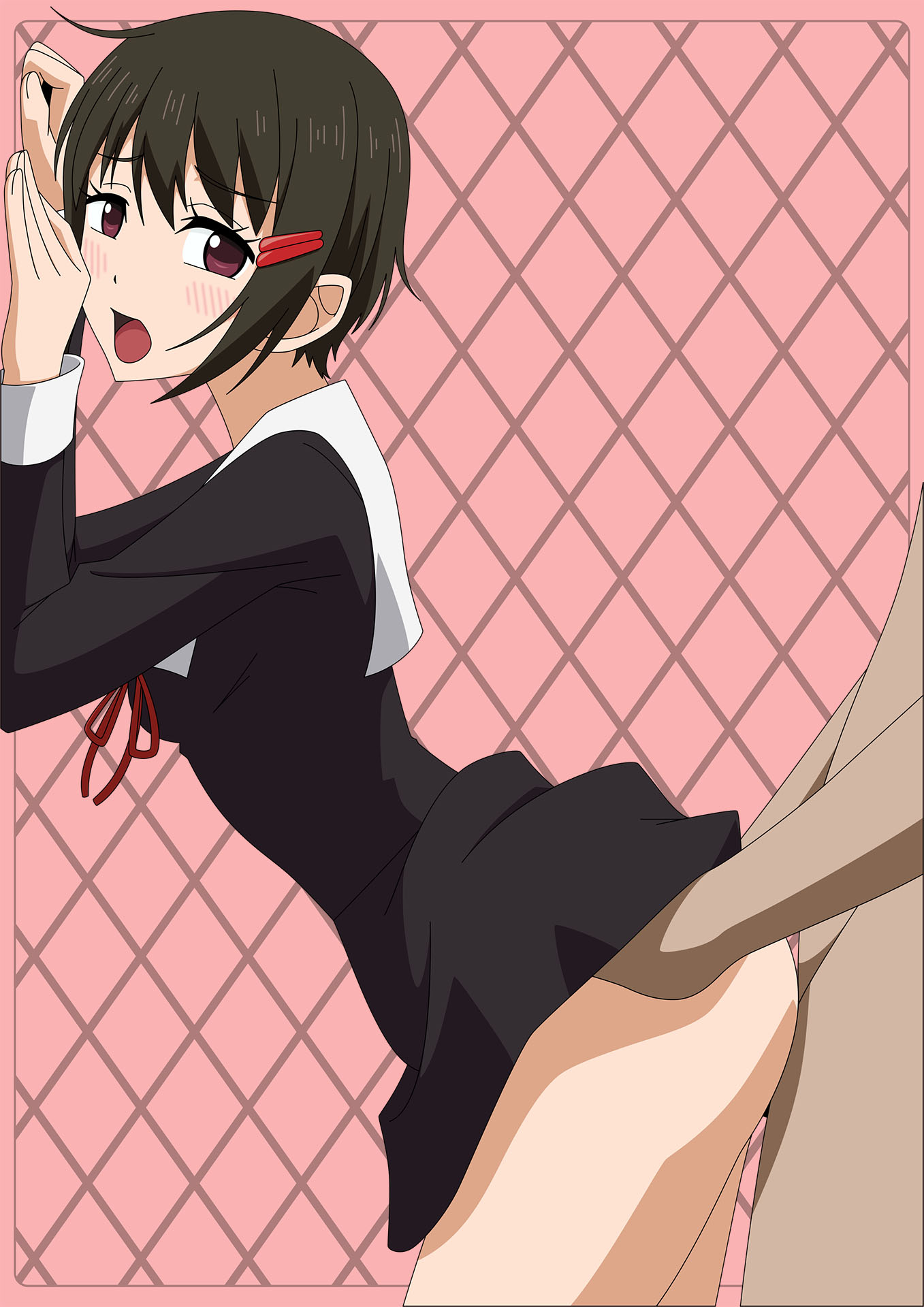 1boy, 1girls, atelier gons, blush, dark-skinned male, doggy style, female, human, kaguya-sama wa kokurasetai ~tensai-tachi no renai zunousen~, kashiwagi nagisa, male, school, school uniform, sex, short hair