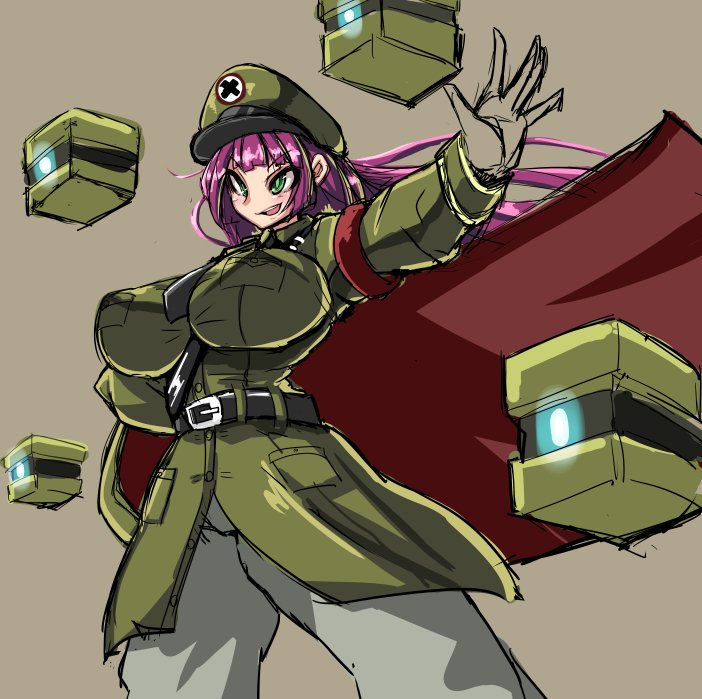 1girls 2016 abigail_(metal_slug) aqua_eyes big_breasts energy_weapon female female_focus female_only huge_breasts long_hair looking_at_viewer metal_slug metal_slug_attack military military_hat military_uniform nipples_visible_through_clothing pink_hair simple_background snk white_gloves