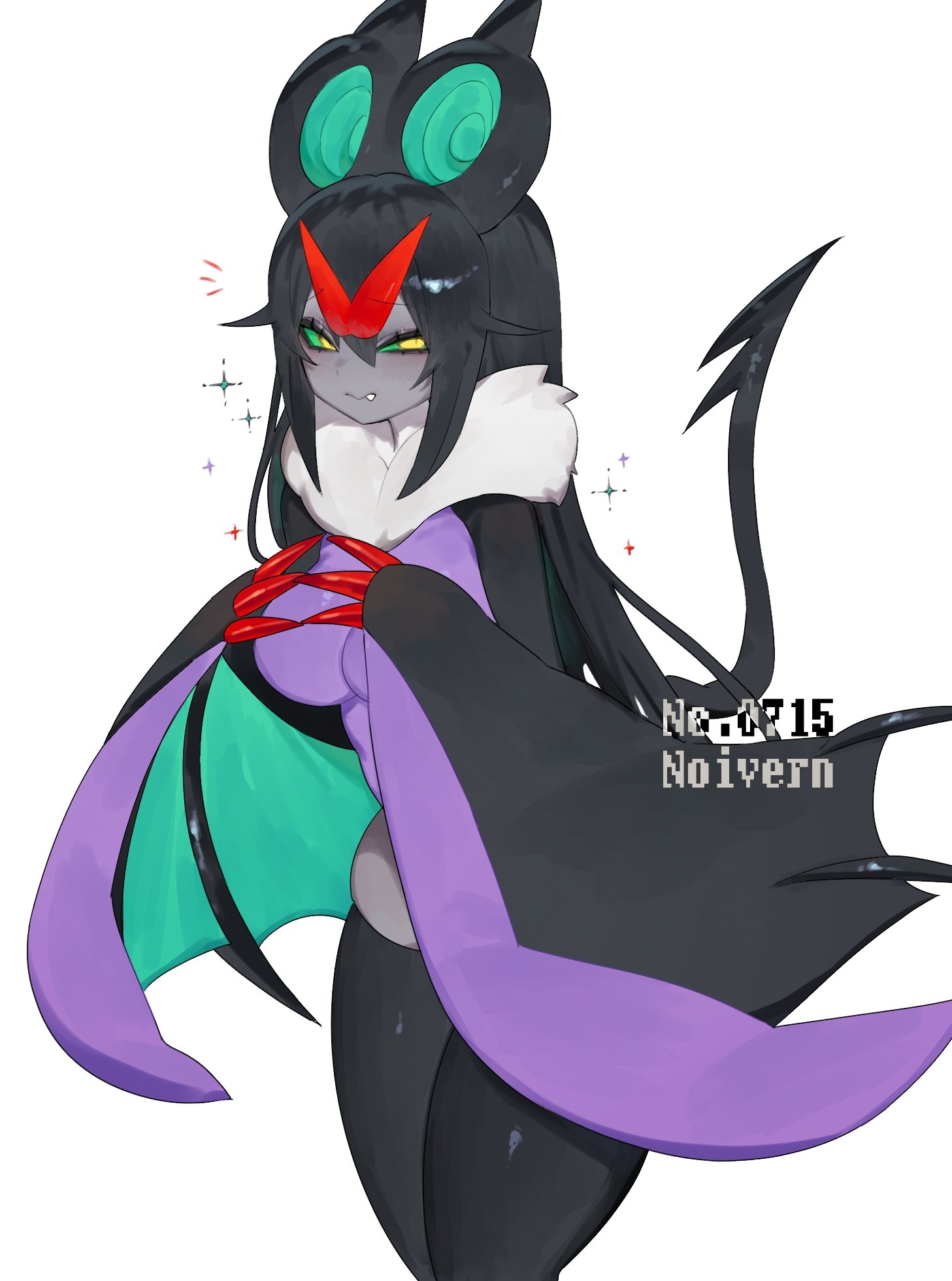 1girls, 3 fingers, anthro, black hair, clawed fingers, cute fang, female, female only, generation 6 pokemon, green sclera, hi res, long hair, looking at viewer, narrowed eyes, nintendo, noivern, pokemon, pokemon (species), solo, tail, thick thighs, toge77789, togetoge, white background, winged arms, yellow eyes
