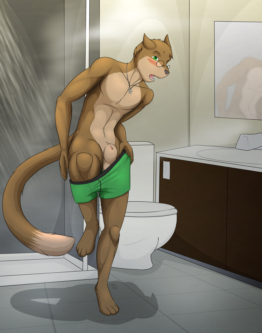 animal_genitalia anthro balls bathroom blush clothing darknesshaven detailed_background hi_res lutrine male male_only mammal mustelid sheath shower solo surprise underwear