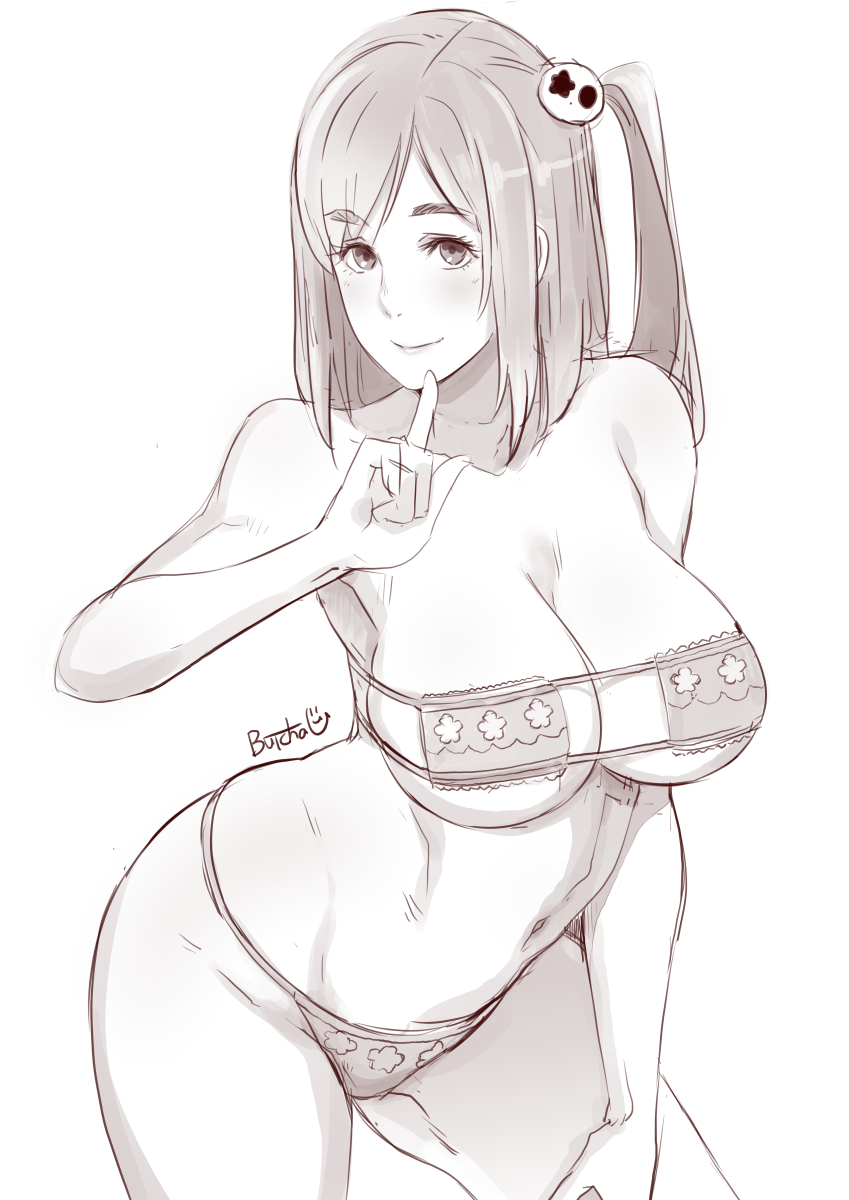 1girls, big breasts, bikini, breasts, butcha-u, cleavage, dead or alive, eyepatch bikini, female, female only, honoka (cardamom) (doa), honoka (doa), large breasts, looking at viewer, monochrome, solo, tecmo