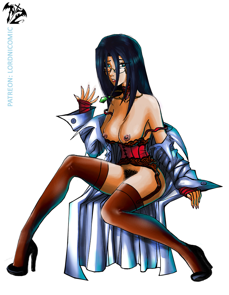 black_hair blue_eyes breasts clothing corset female glasses justice_gakuen large_breasts long_hair long_sleeves lordnicomic minazuki_kyouko pubic_hair rival_schools small_breasts stockings tagme thighhighs uncensored