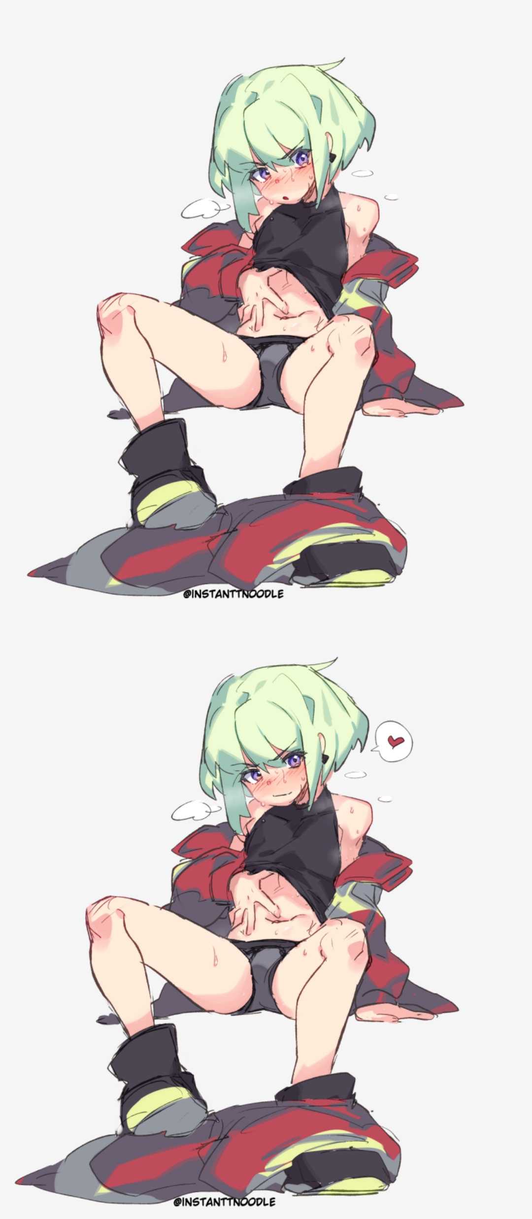 1boy, blush, bob cut, bulge, bulge through clothing, clothed, clothing, embarrassed, femboy, heart, instanttnoodle, lio fotia, male, promare, short hair, solo, stomach, sweat, sweatdrop, twink