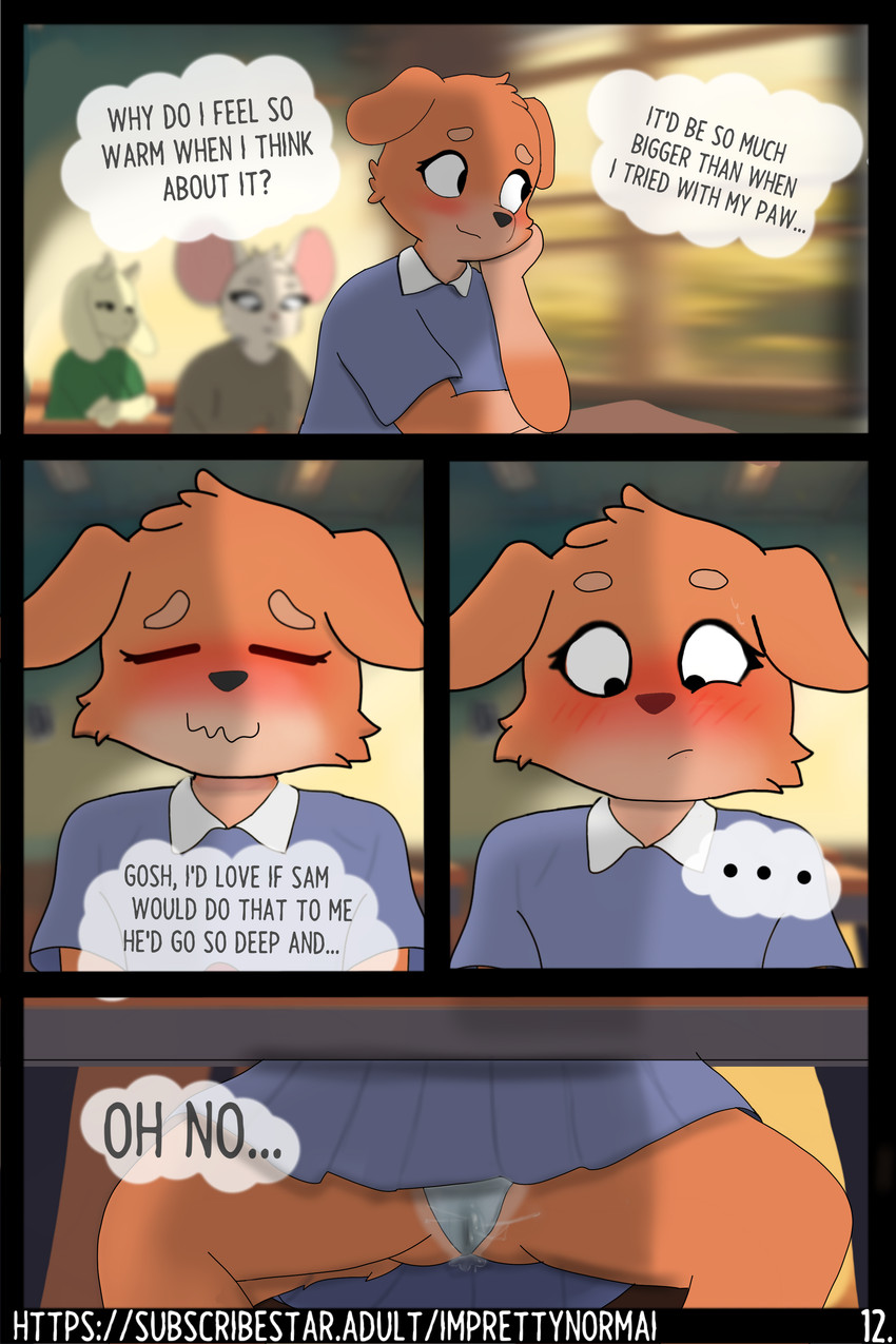 1girls, 2025, anthro, anthro female, anthro only, anthro solo, blush, blushing, bodily fluids, canid, canine, canis, cub, daydream, dog, dog girl, domestic dog, erin (imprettynormai), eyebrows, eyelashes, female, female cub, female only, fur, furry, furry female, furry only, genital fluids, imprettynormai, incestuous fantasy, incestuous temptation, pussy, pussy juice, school, solo, solo anthro, solo female, think bubble, thinking, thinking of someone else, url, vaginal fluids, wet, wet panties, wet pussy, young, young anthro, young female