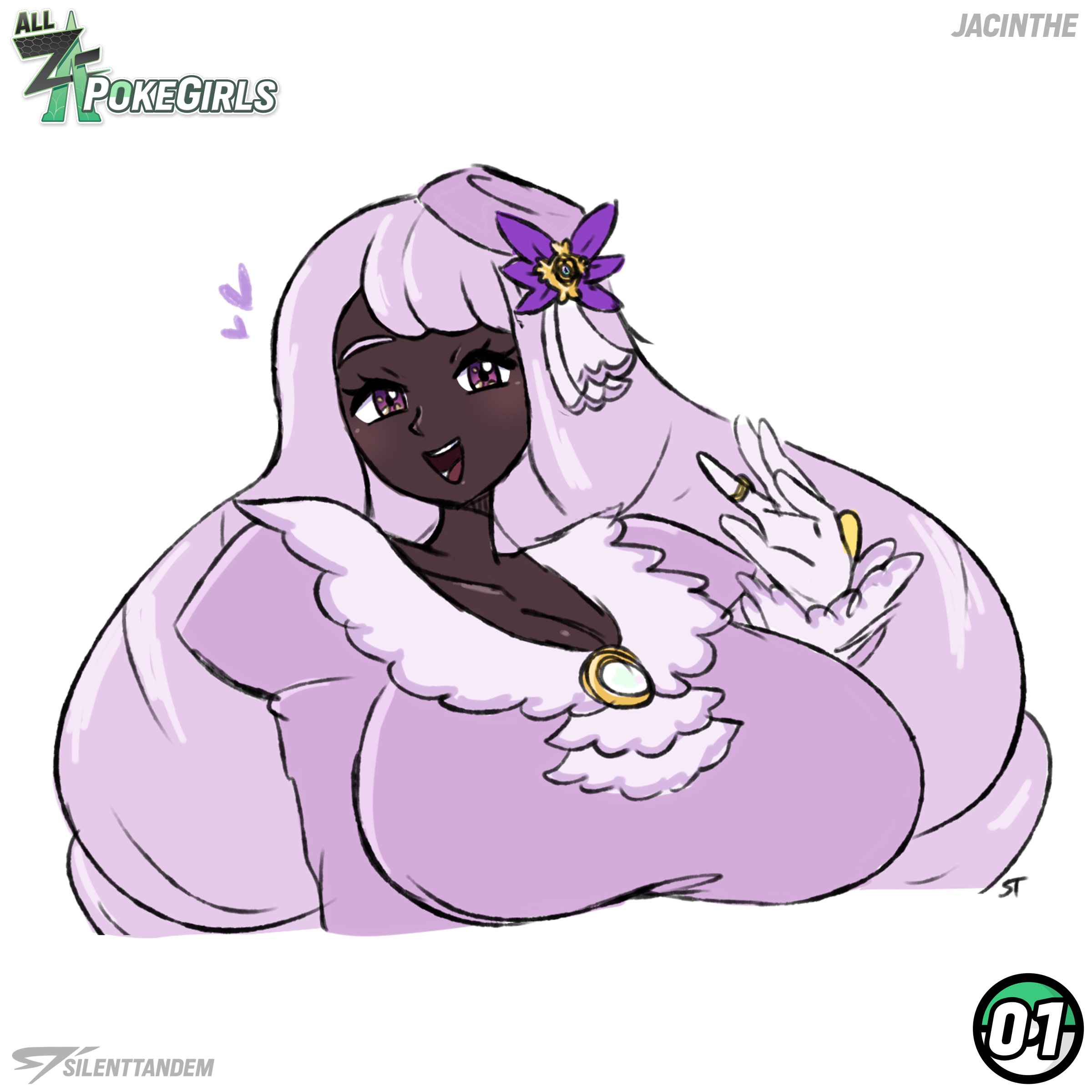 1girls, artist name, big breasts, character name, cleavage, dark skin, dark-skinned female, female, flower, game freak, hair flower, hair ornament, heart, jacinthe (pokemon), jewelry, large breasts, long hair, looking at viewer, nintendo, pokemon, pokemon legends: z-a, purple eyes, purple hair, silenttandem, solo, upper body, yukari (pokemon)