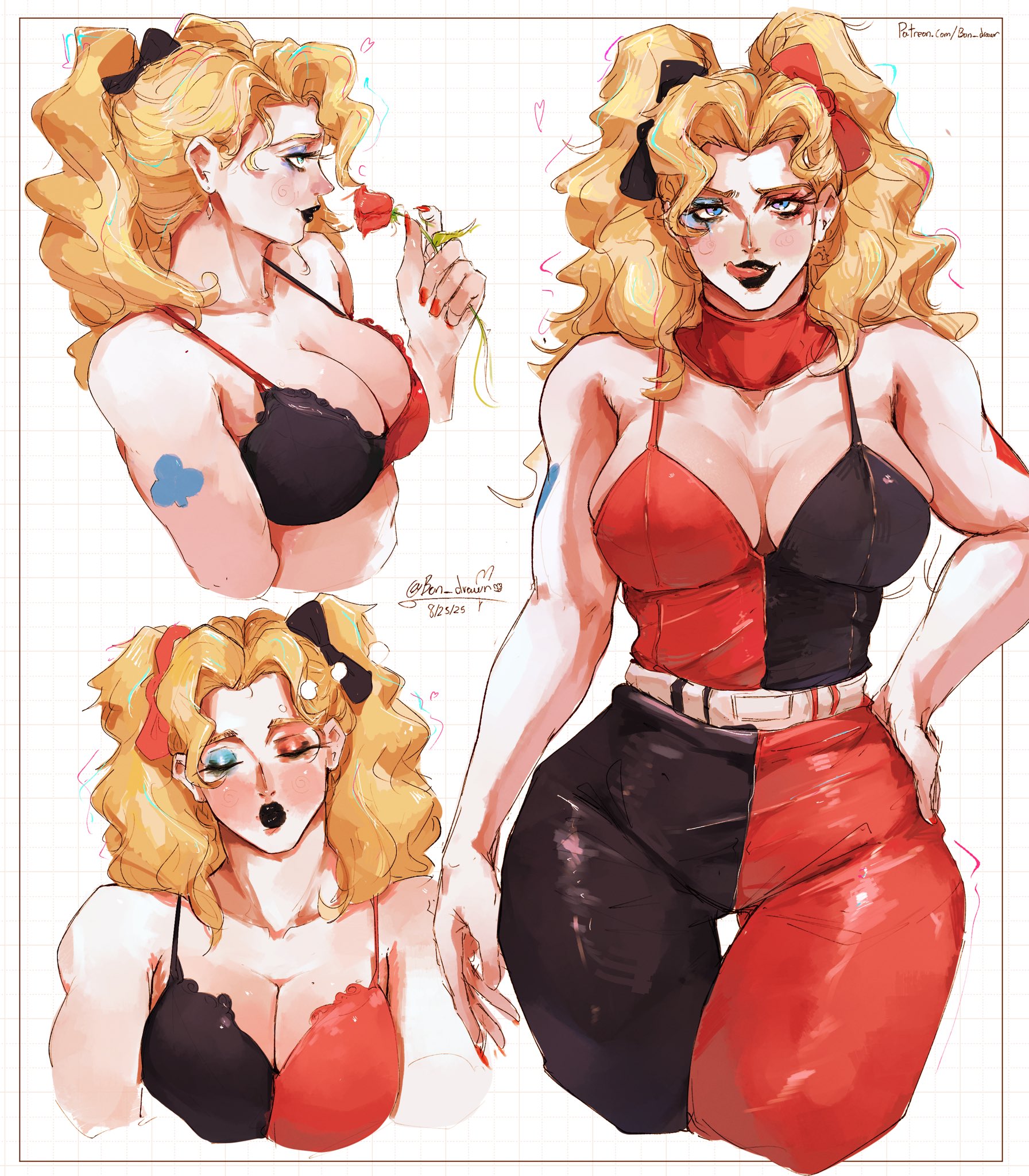 1girls, batman (series), big breasts, blonde hair, bon drawr, breasts, cleavage, clothed, clothed female, clothing, clown, clown girl, clown makeup, dc, dc comics, female, female only, harley quinn, lips, lipstick, rose, solo, solo female, tattoo, thick thighs, thighs, tongue, watermark