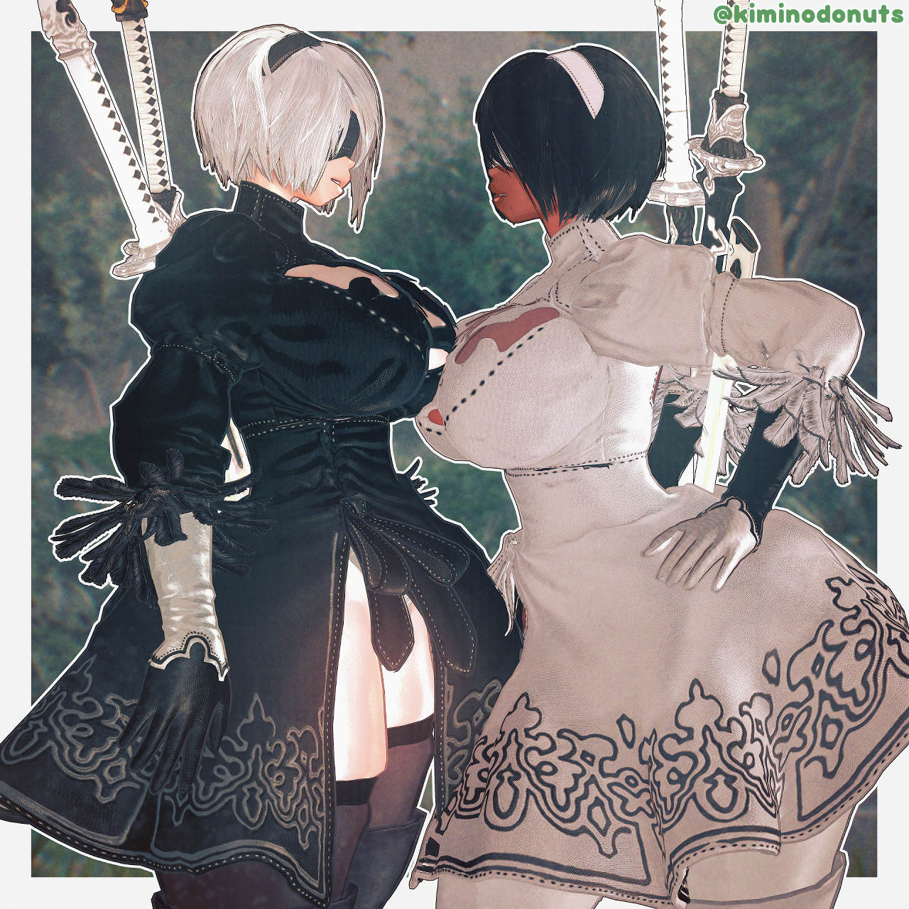 2girls, 3d, 3d (artwork), 3d model, 3d render, big boobs, big breasts, big thighs, blindfold, breasts, breasts on breasts, busty, busty female, cleavage, cleavage window, curvaceous, curvy, curvy body, curvy female, curvy figure, dark skin, dark-skinned female, females, hands on hips, hourglass figure, kiminodonuts, koikatsu, large boobs, large breasts, large thighs, large tits, light skin, light-skinned female, looking at each other, multiple females, multiple girls, nier (series), nier: automata, plump, plump lips, plump thighs, round breasts, skirt, small waist, stacked breasts, sword, tagme, thick, thick legs, thick lips, thick thighs, thighhighs, thighs, thin waist, thunder thighs, tits, video game character, video games, wide thighs, yorha 2b, yorha 2p