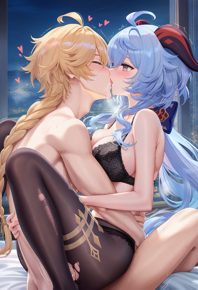 1boy, 1girls, aether (genshin impact), ai generated, bedroom, female, ganyu (genshin impact), genshin impact, horny female, long hair, male, mihoyo, pleasure face, sex, straight