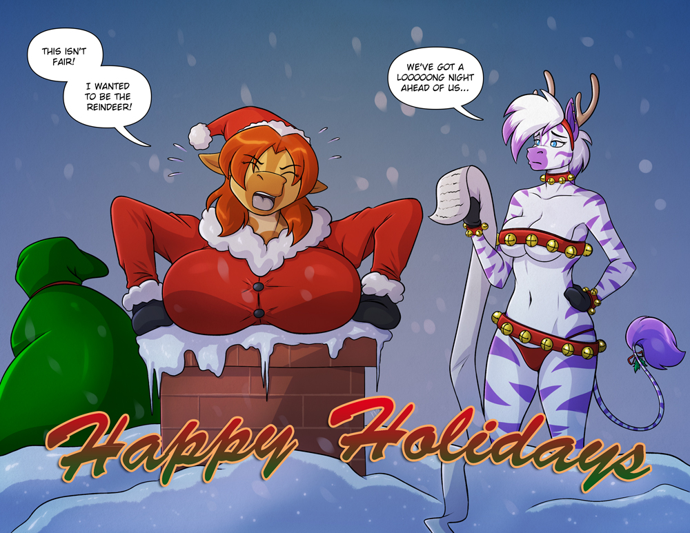 2girls bell big_breasts blue_eyes breasts brown_hair christmas clothed colored_hair cosplay diamond_(kadath) female_only furry giraffe holidays kadath kadath_universe lingerie puzzle_(kadath) santa simple_background snow tail zebra