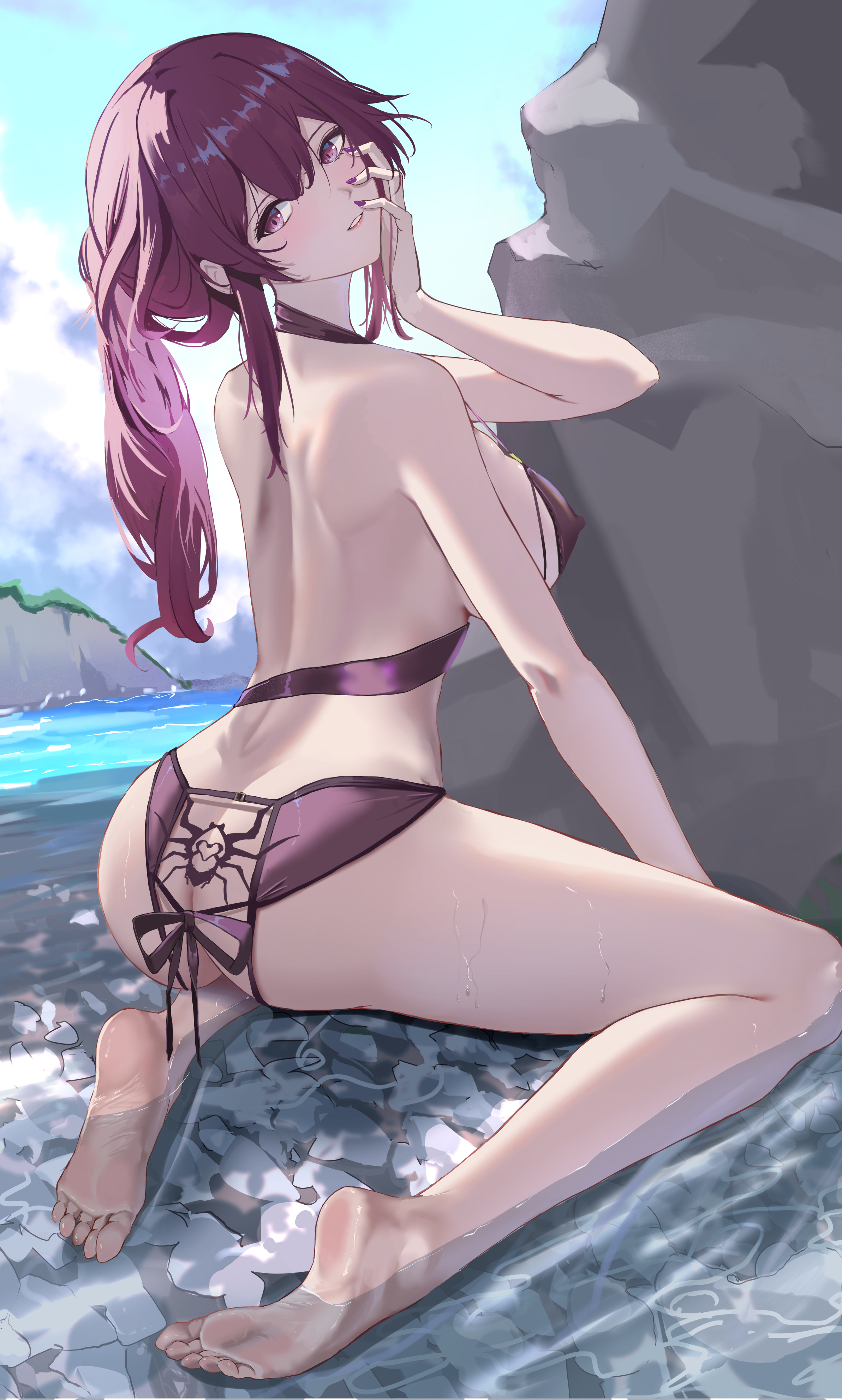 1girls, ass, blush, bow, feet, female, female focus, female only, honkai: star rail, kafka (honkai: star rail), kumocapturecck, nail polish, nipples visible through clothing, pink eyes, pink hair, ponytail, purple hair, soles, solo, solo female, solo focus, swimsuit, swimwear, thick thighs, thighs, water