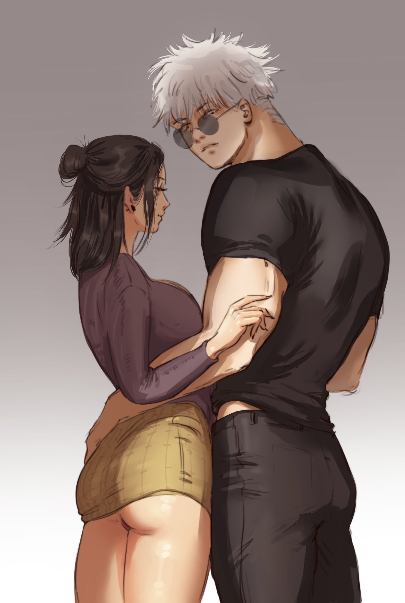 artist_name artist_request ass big_ass big_butt black_hair blue_eyes boyfriend-girlfriend butt_grab curvy curvy_female gender_transformation hand_on_hip jealous jealous_male jujutsu_kaisen male/female male/male milf minishorts miniskirt mommy muscular muscular_male rule_63 satoru_gojo sk82cr81 straight suguru_geto sunglasses white_body white_hair