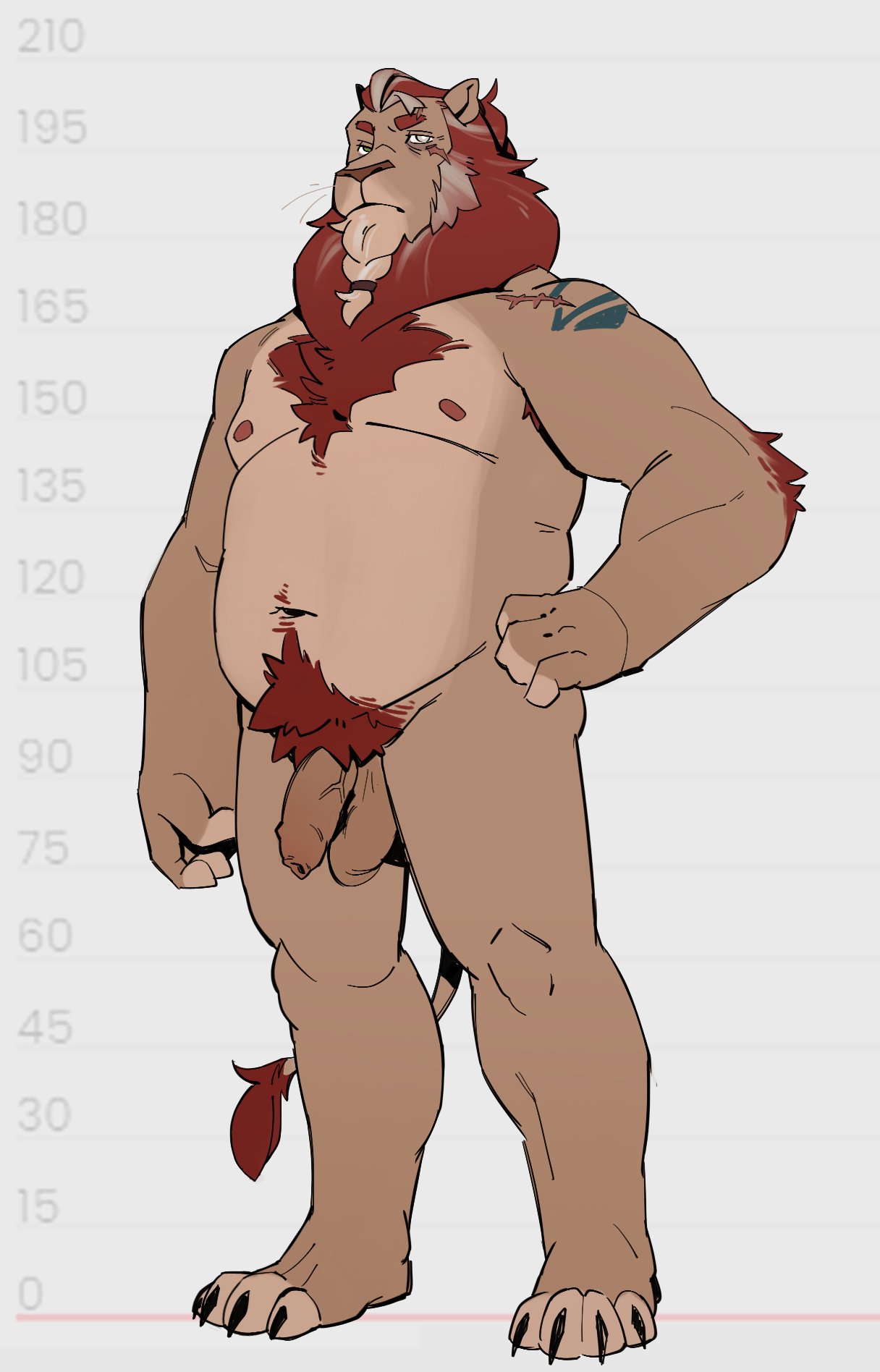 1boy 2024 anthro arm_tattoo arm_tuft armpit_hair balls body_hair braided_hair chest_hair claws eye_scar facial_hair facial_scar feet felid flaccid foreskin frown genitals goatee greying_hair hair hand_on_hip hi_res lion male male_only mammal mane manly mature_male moobs navel nipples nude overweight pantherine penis pubes scar shoulder_scar shoulder_tattoo shoulder_tuft slightly_chubby solo standing tattoo tuft tuskyrayan vein veiny_penis