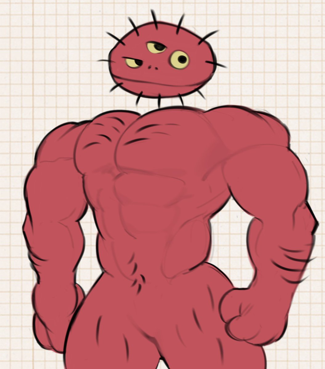 2024 3_eyes abs anthro body_hair chest_hair doodle_jump hair hairy hairy_male kogito male_only monster muscular muscular_anthro muscular_arms muscular_male narrowed_eyes pecs pubic_hair red_body red_monster_(doodle_jump) simple_background solo solo_focus