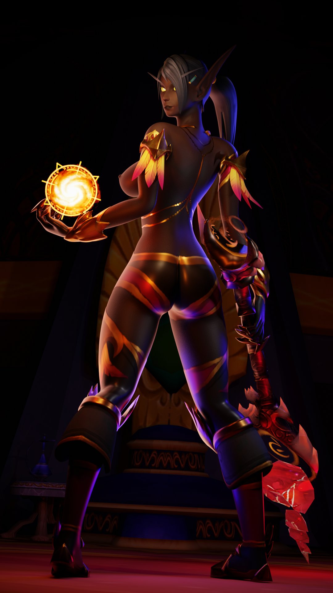 blender_(software) blood_elf breasts dark_skin elf_ears female glowing_eyes looking_at_viewer looking_back selfcontrol viewed_from_behind warcraft world_of_warcraft