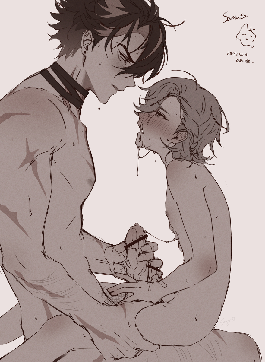 cum on face, gay, genshin impact, lyney (genshin impact), male, penis, size difference, stroking penis, tagme, thigh grab, wriothesley (genshin impact), yaoi