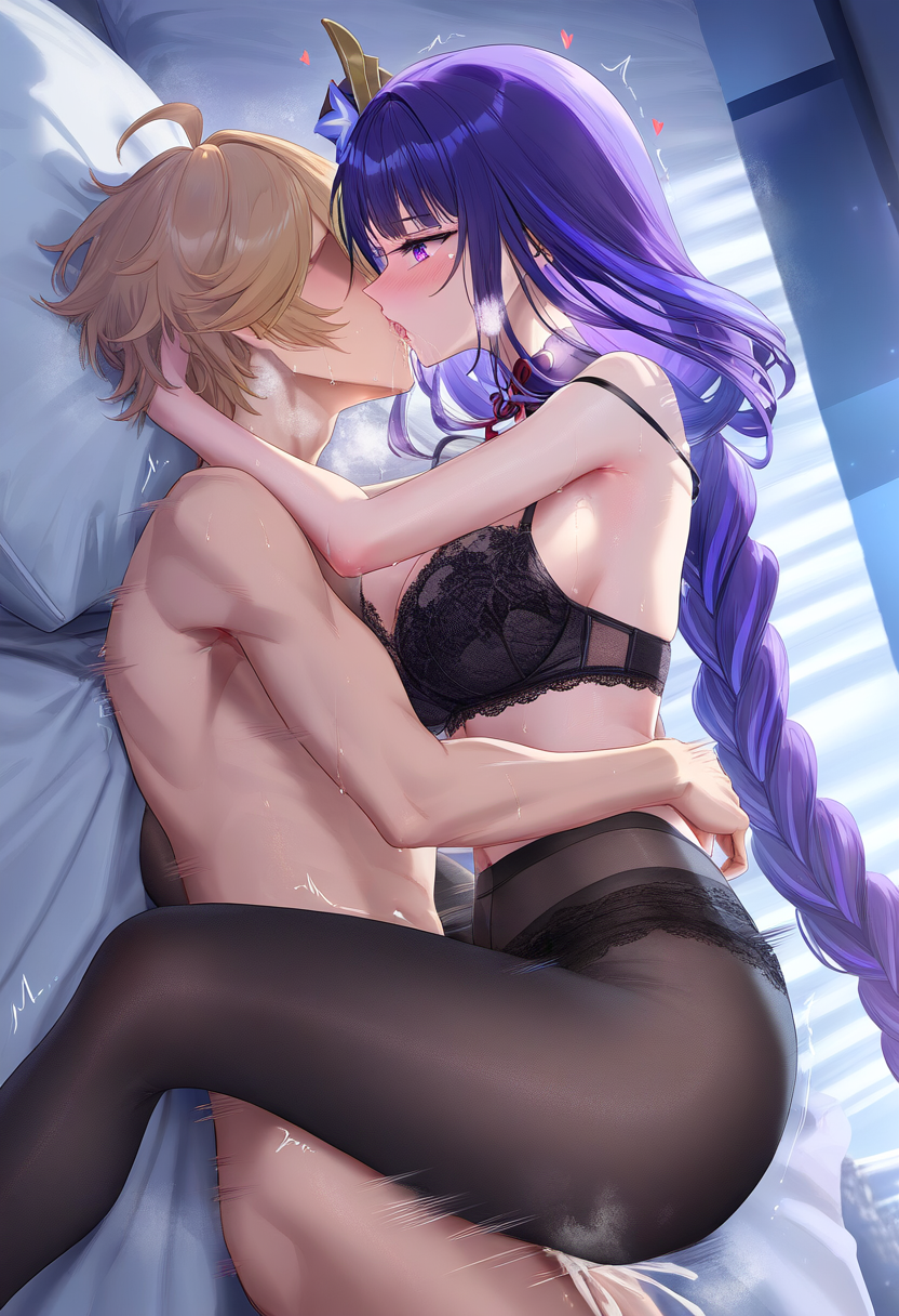 1boy 1girls aether_(genshin_impact) ai_generated bedroom femdom genshin_impact horny_female long_hair mihoyo pleasure_face raiden_ei raiden_shogun sex soft_femdom straight