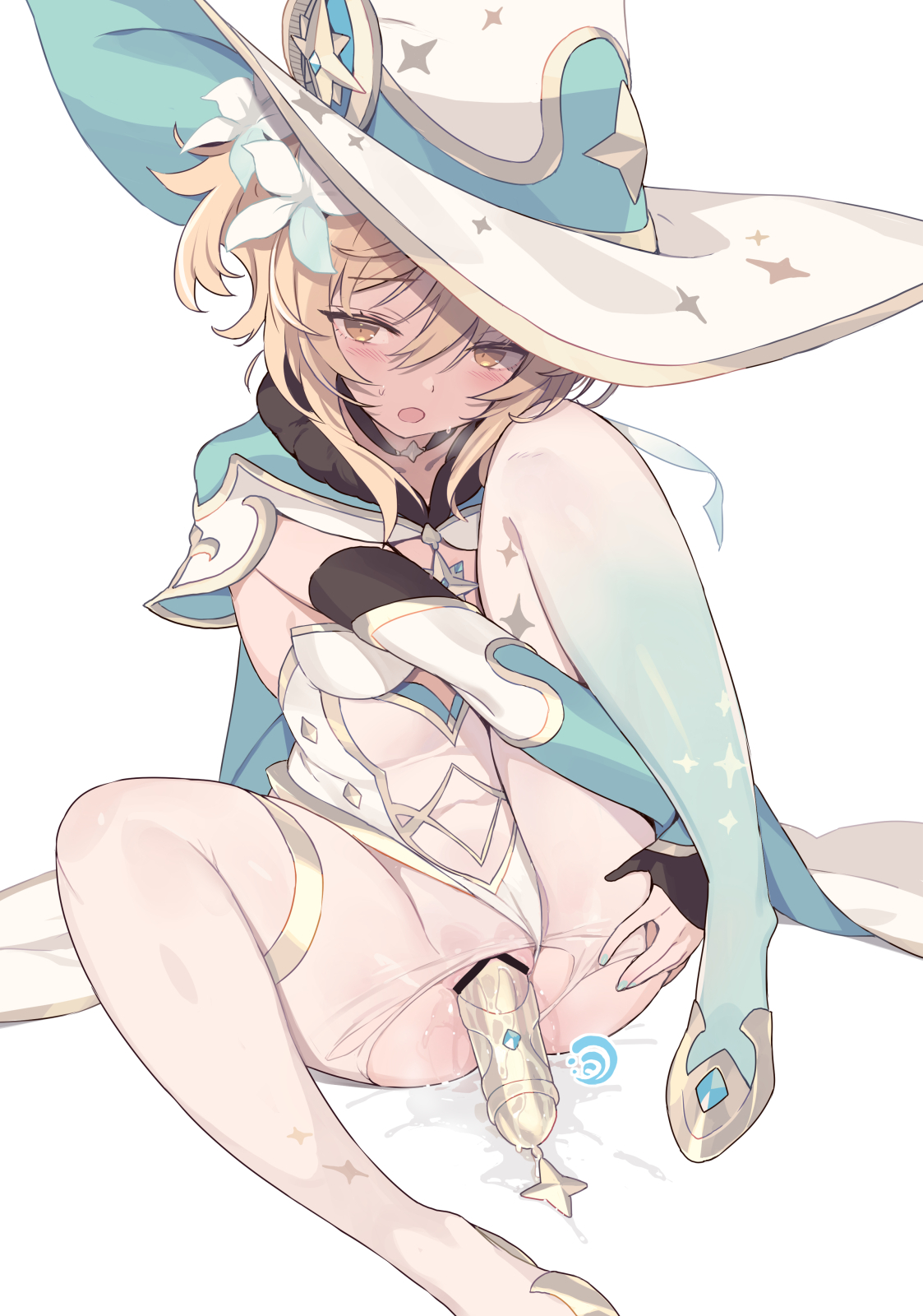 1girls, blade (galaxist), blonde hair, breasts, cape, censored, dildo, dildo in pussy, female, flower, flower in hair, genshin impact, leggings, lumine (genshin impact), mona (genshin impact) (cosplay), pussy, pussy juice, solo, tights, torn leggings, witch hat, yellow eyes