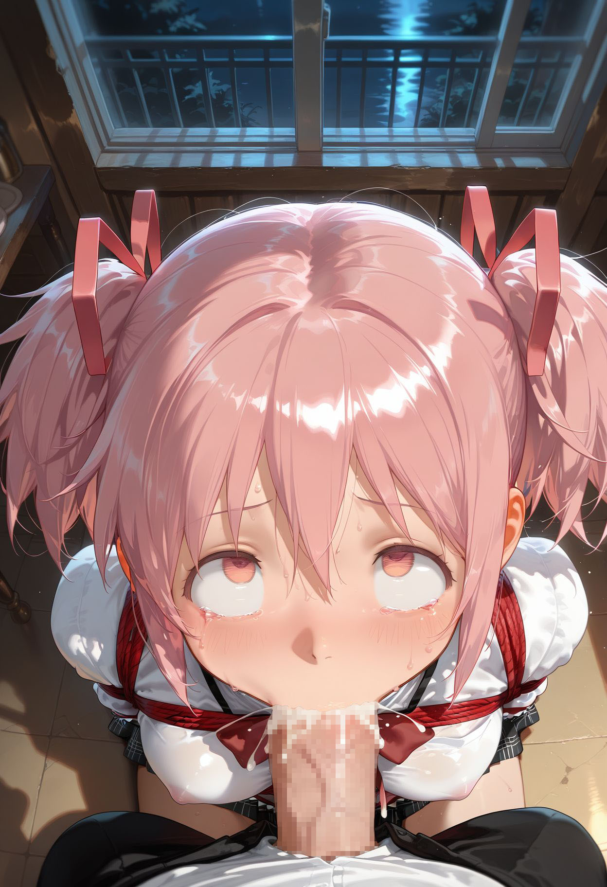 ahe_gao ai_generated artist_request choking choking_on_cock choking_on_penis cum cum_in_mouth deepthroat eyes_rolling_back forced_oral hair_ribbon kidnapped madoka_kaname magical_girl mahou_shoujo_madoka_magica mouth_full_of_cock on_knees oral oral_creampie petite pink_eyes pink_hair pov puella_magi_madoka_magica rape red_ribbon ribbon ribbons twintails