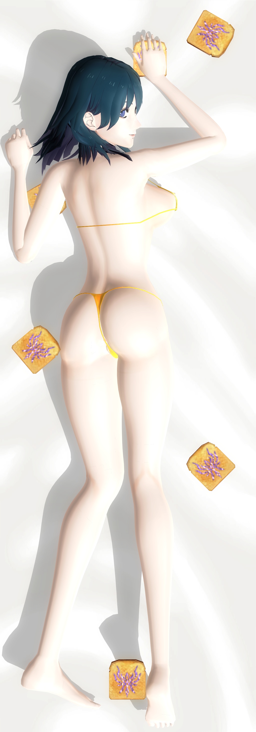 1girls 3d alonso_nsr alternate_costume ass back back_view bare_arms bare_back bare_legs bare_shoulders barefoot big_ass bikini blue_eyes breasts byleth_(fire_emblem) byleth_(fire_emblem)_(female) crest_(fe3h) dakimakura dakimakura_design female female_only fire_emblem fire_emblem:_three_houses food from_behind gold_bikini gold_swimsuit hair_between_eyes large_breasts legs looking_at_viewer looking_back medium_hair nintendo on_stomach shoulders sideboob smile solo swimsuit teal_hair toast underboob yellow_bikini yellow_swimsuit