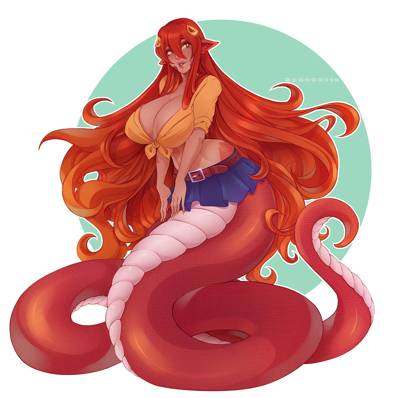 1girls, big breasts, breasts, clothes, clothing, female, female only, hair, kokobuttz, lamia, long hair, miia (monster musume), monster, monster girl, monster musume no iru nichijou, naga, shirt, skirt, solo, venus body, very long hair