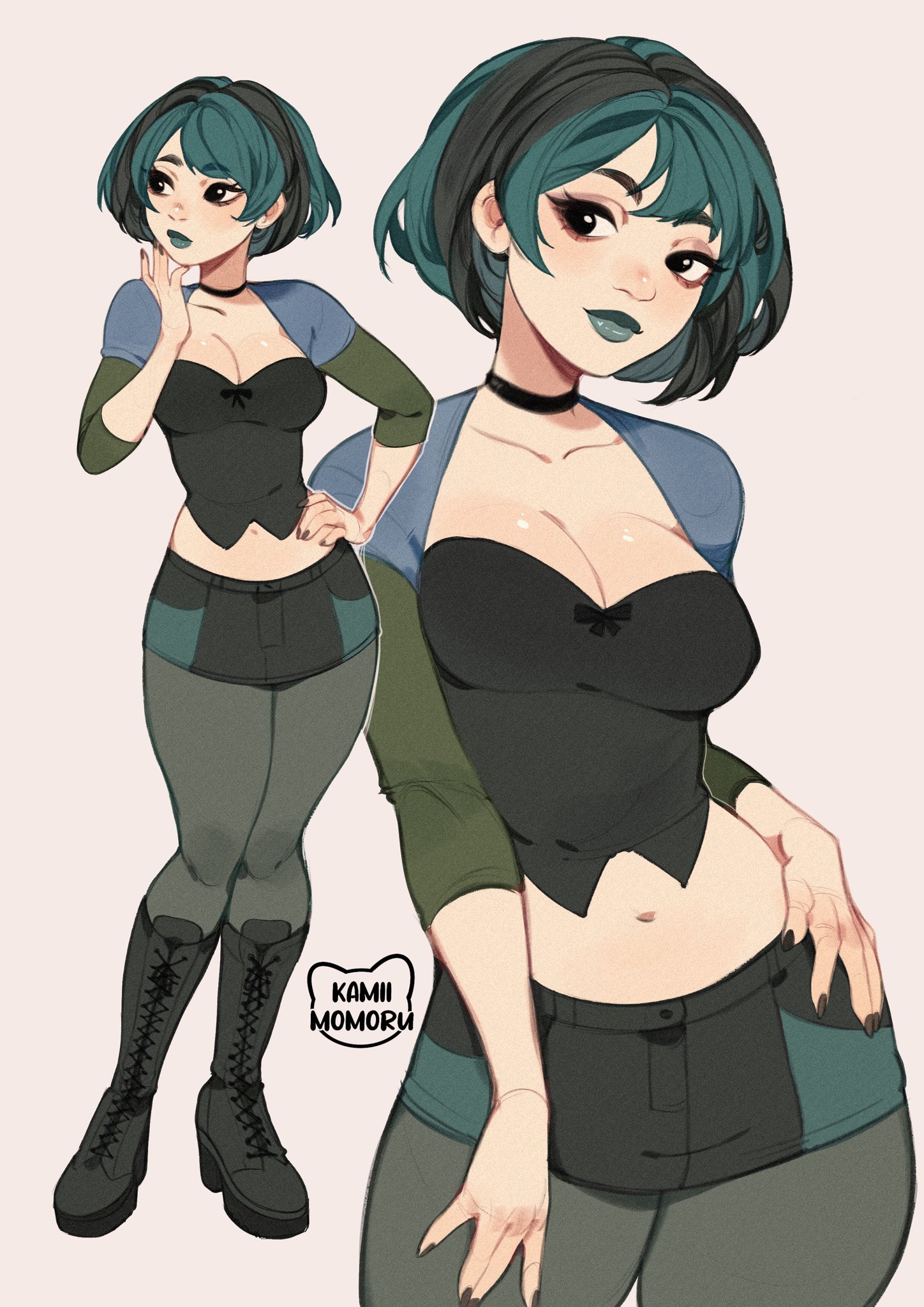 1girls, artist logo, big breasts, black hair, blue lipstick, blue strand of hair, boots, breasts, busty, exposed midriff, female, gwen (tdi), hand on hip, kamii momoru, light skin, light-skinned female, multiple poses, not porn, solo, teal hair, thighs, total drama island, two-tone hair