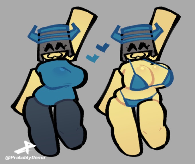 1girls big_breasts blocky_body blue_bikini blue_bikini_bottom blue_bikini_top blue_clothing blue_horn blue_horns digital_drawing_(artwork) grey_background grey_void heart hearts hearts_around_head probablydemo roblox robloxian solo tagme yellow_skin