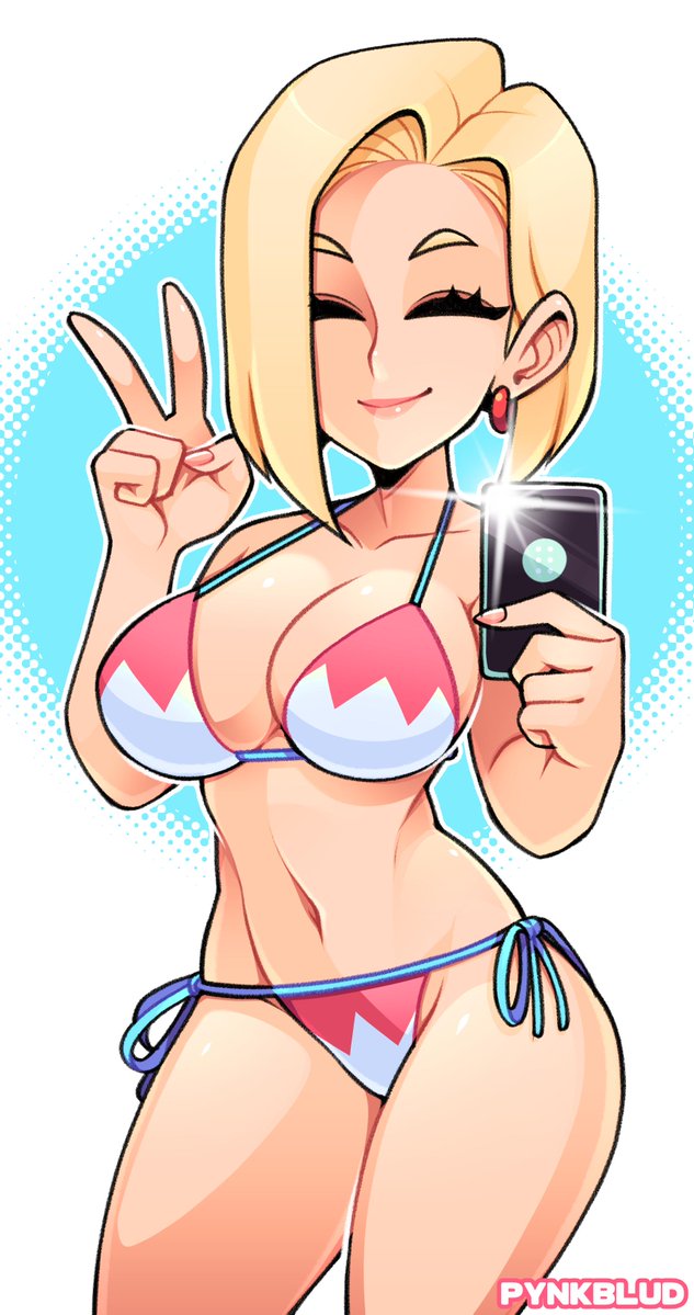 1girls android_18 bikini_bottom bikini_top blonde_hair dragon_ball dragon_ball_z huge_breasts mrsteak peace_sign phone pink_bikini red_earrings selfie thick_thighs v