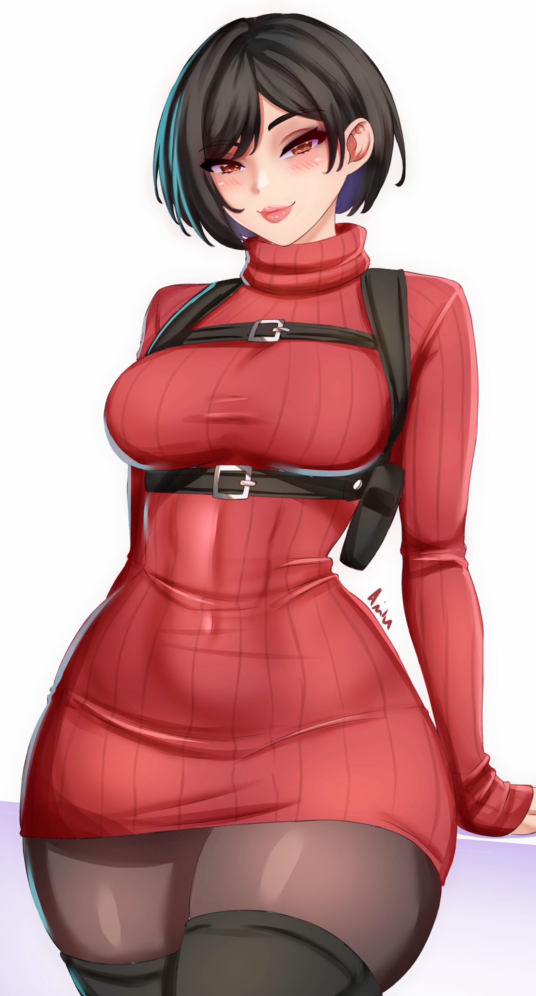 1girls ada_wong anisdrawn black_hair breasts brown_eyes capcom clothed female hi_res light-skinned_female light_skin naughty_face resident_evil resident_evil_4 resident_evil_4_remake short_hair smil3 thick_thighs wide_hips