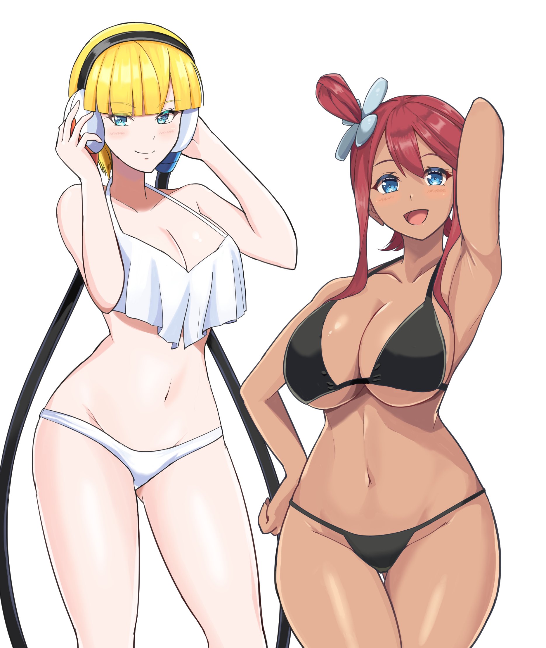 :d, 2girls, armpit, bikini, breasts, closed mouth, contrapposto, curvy, elesa (pokemon), female, female only, hands on headphones, human, large breasts, multiple females, multiple girls, one arm up, pokemon, pokemon bw, skyla (pokemon), slender waist, smile, swimsuit, thick thighs, wide hips