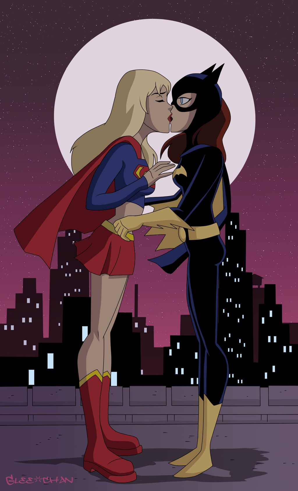 2girls barbara_gordon batgirl dc dcau female_only glee-chan kara_zor-el kissing multiple_girls supergirl tagme yuri