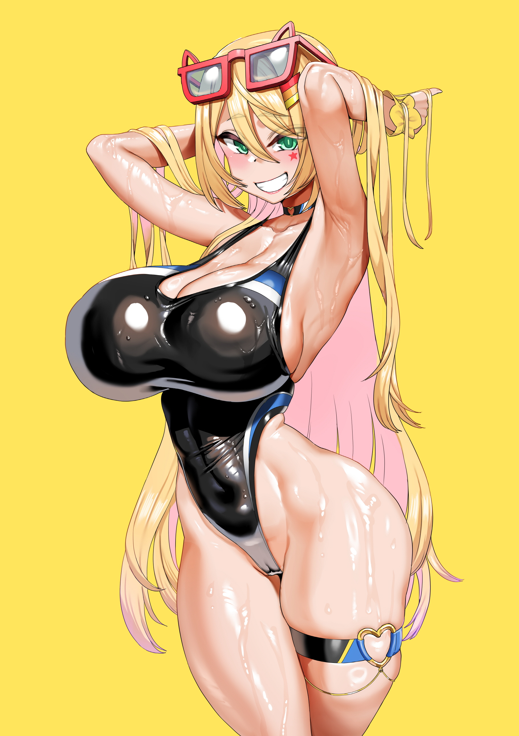 armpits, arms up, blonde hair, breasts, era (erasion), facial markings, female, glasses, green eyes, gyaru, hi res, large breasts, looking at viewer, one-piece swimsuit, outerplane, simple background, smile, solo, swimsuit, teeth, thighband, two-tone hair, very long hair, wet, yellow background