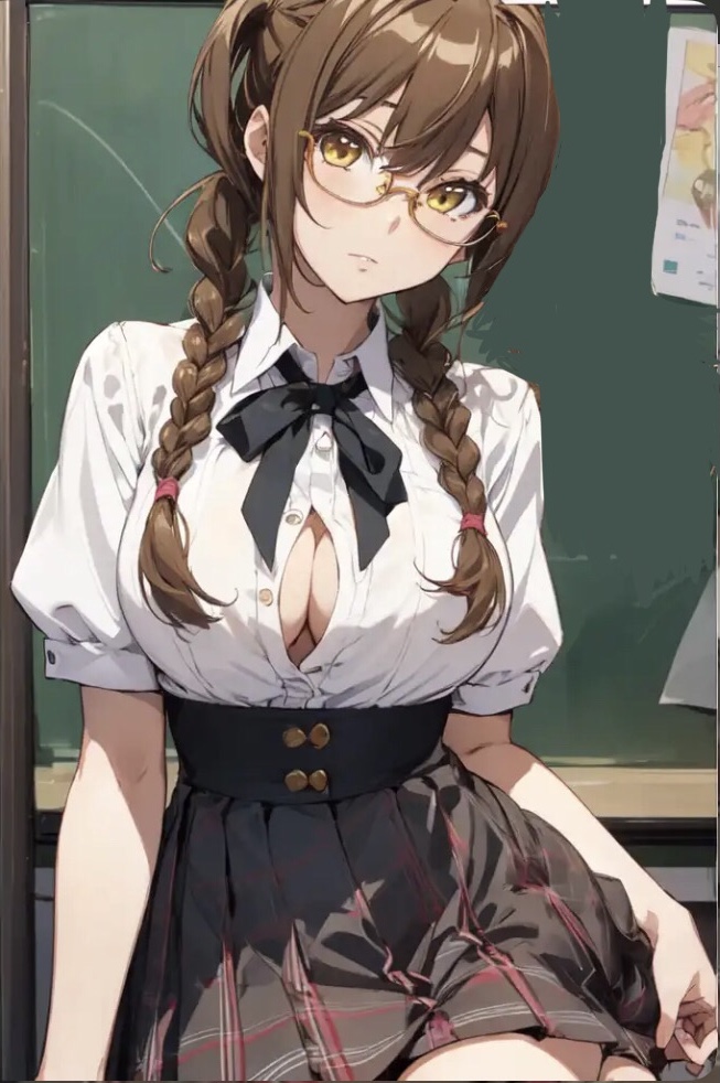 ai_generated blush braided_twintails brown_hair buttoned_shirt buttons_popping chalkboard cleavage_focus dress_shirt dressed glasses high_school_dxd huge_breasts kiryuu_aika neck_ribbon school_skirt school_uniform schoolgirl schoolgirl_uniform sitting_on_table tight_clothing tight_fit twintails yellow_eyes